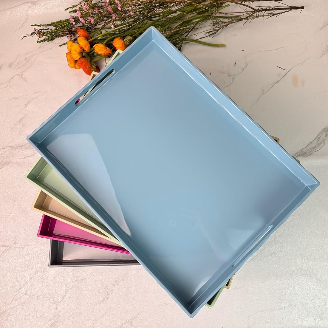 Light Blue Decorative Tray, Rectangular Large Serving Tray with Handles, Plastic Coffee Table Tray for Ottoman, Living Room, Kitchen Tabletop, 15.7” x 11.8” x1.6”