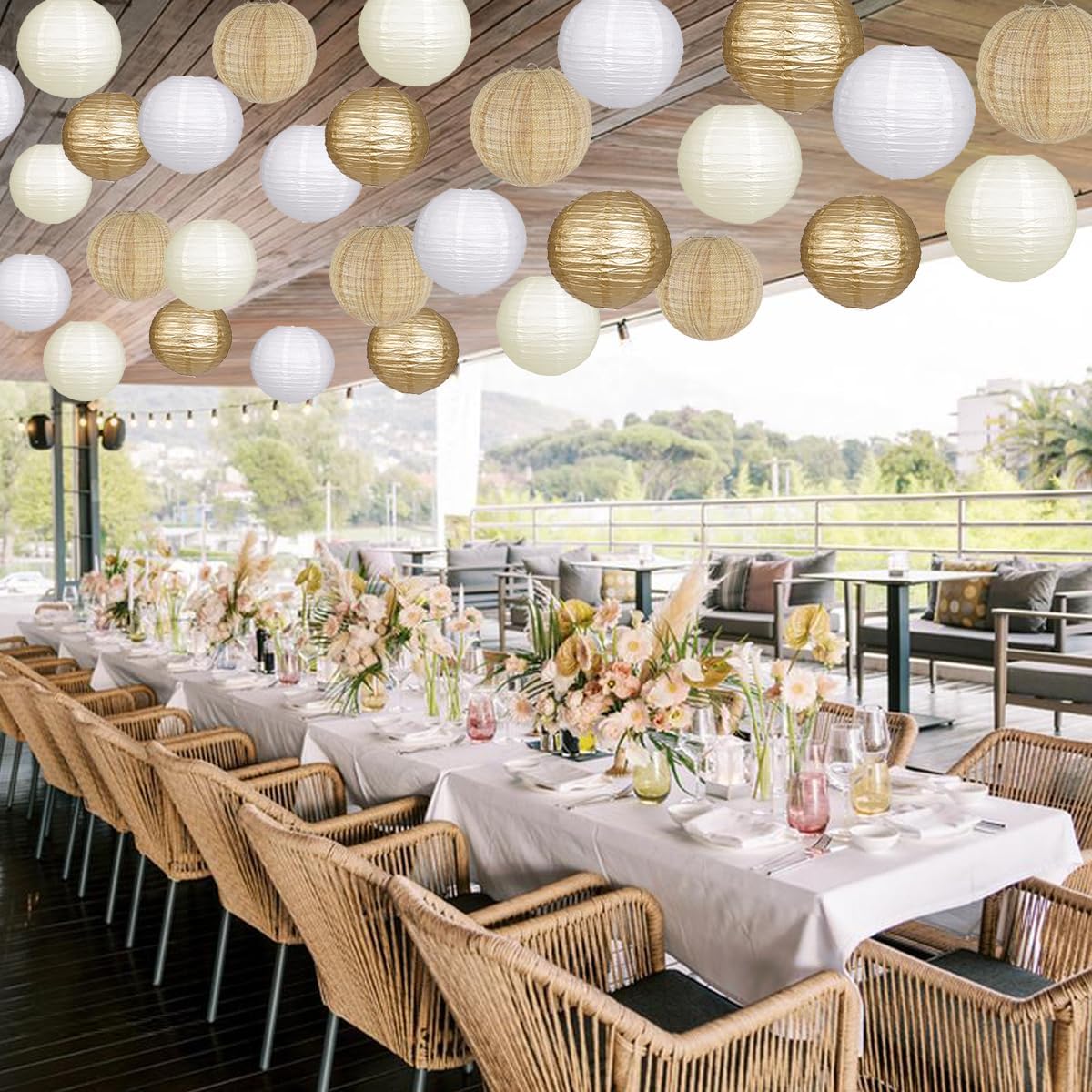 Paper Lanterns Gold White Round Hanging Chinese Lanterns for Wedding Birthday Party Boho Baby Shower Decorations Pack of 12