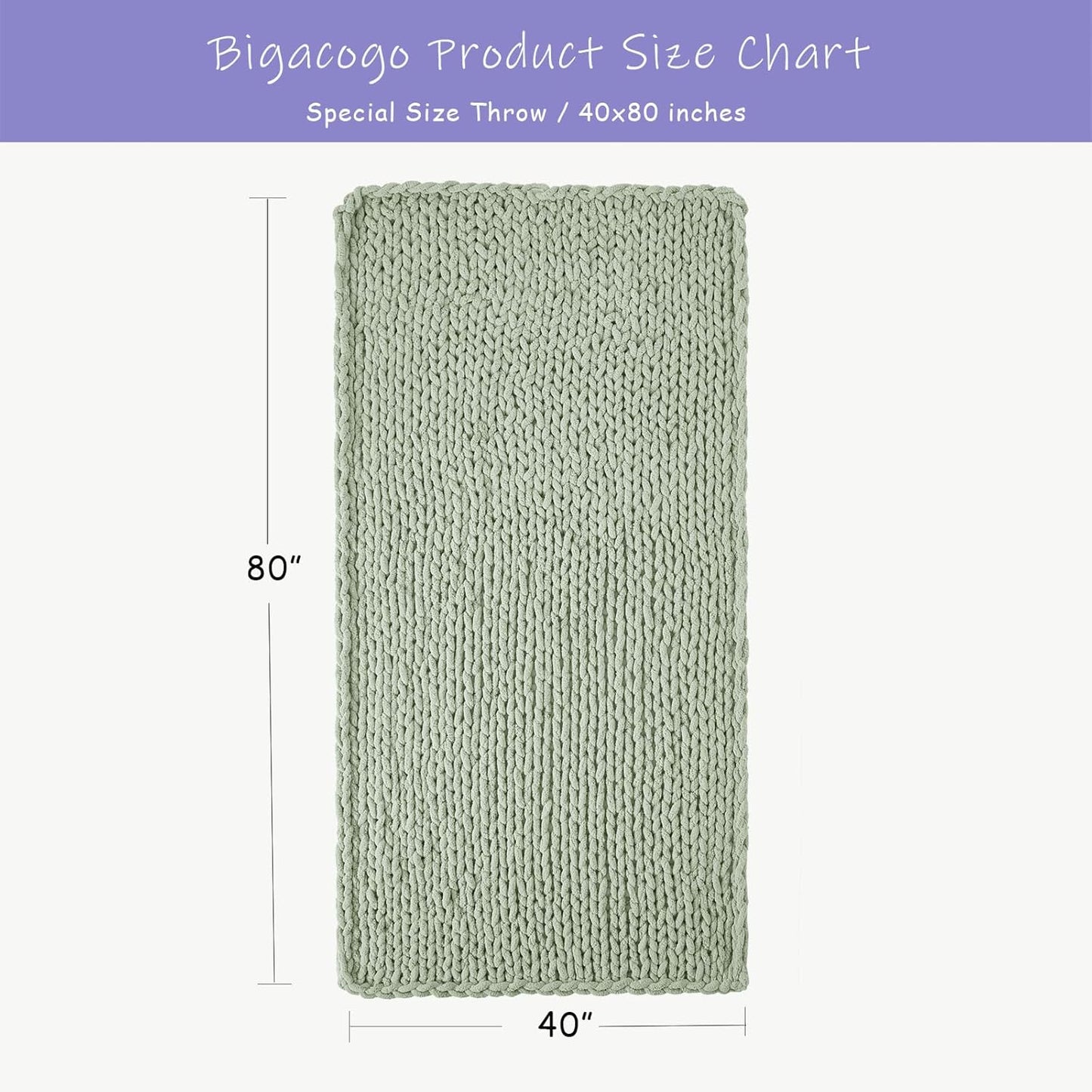 Bigacogo Chunky Knit Throw Blanket for Couch, 40x80 inches, 100% Hand Knitted with Thick Jumbo Chenille Yarn, Cozy Soft Large Rope Knot Cable Crochet Blankets for Sofa Bed Living Room, Sage Green