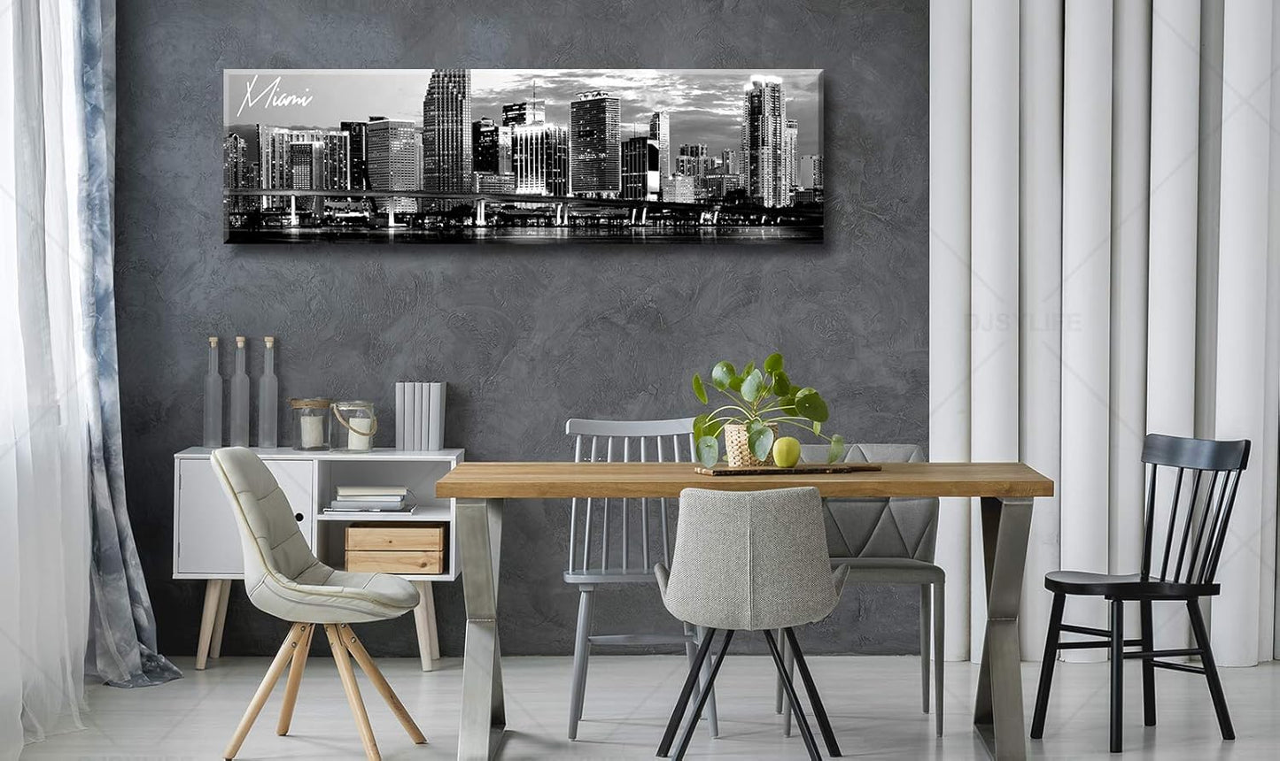 DJSYLIFE Miami Skyline Wall Art Decor Panoramic Cityscape Picture Modern USA City Night View Canvas Prints for Bedroom Office Living Room Decoration Stretched and Framed Ready to Hang 13.8"x47.3"