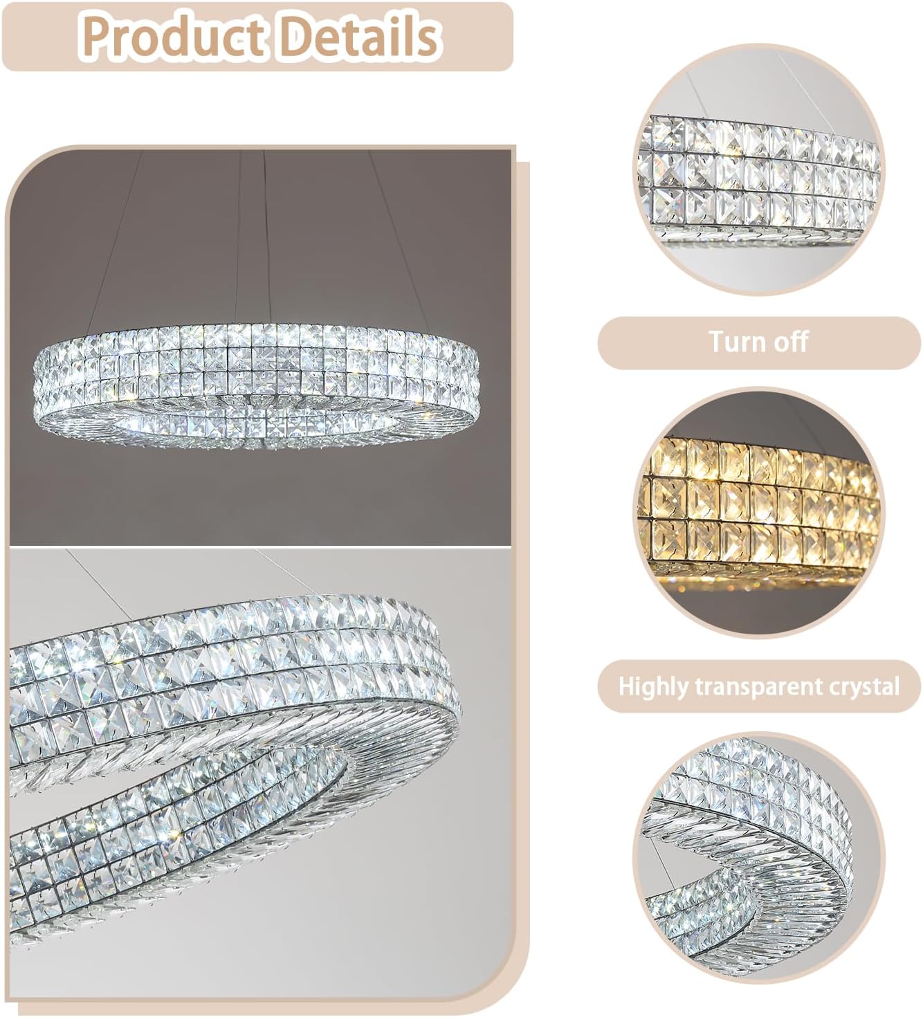 Dia 24" Modern Crystal Chandelier Black Ring Chandelier Adjustable Height Luxury Crystal Pendant Ceiling Light Fixture for Dining Living Room Bedroom