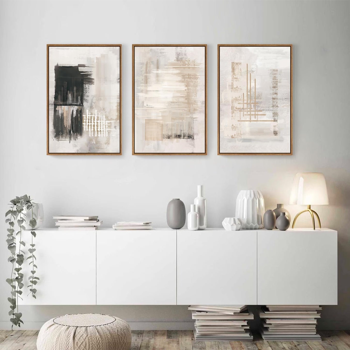 HPINUB Modern Abstract Canvas Wall Art, Set of 3 Framed Art Prints, Black and White Large Wall Painting, 16x24inch Neutral Minimalist Wall Decor for Living Room, Bedroom, Dining Room, Office, Bathroom