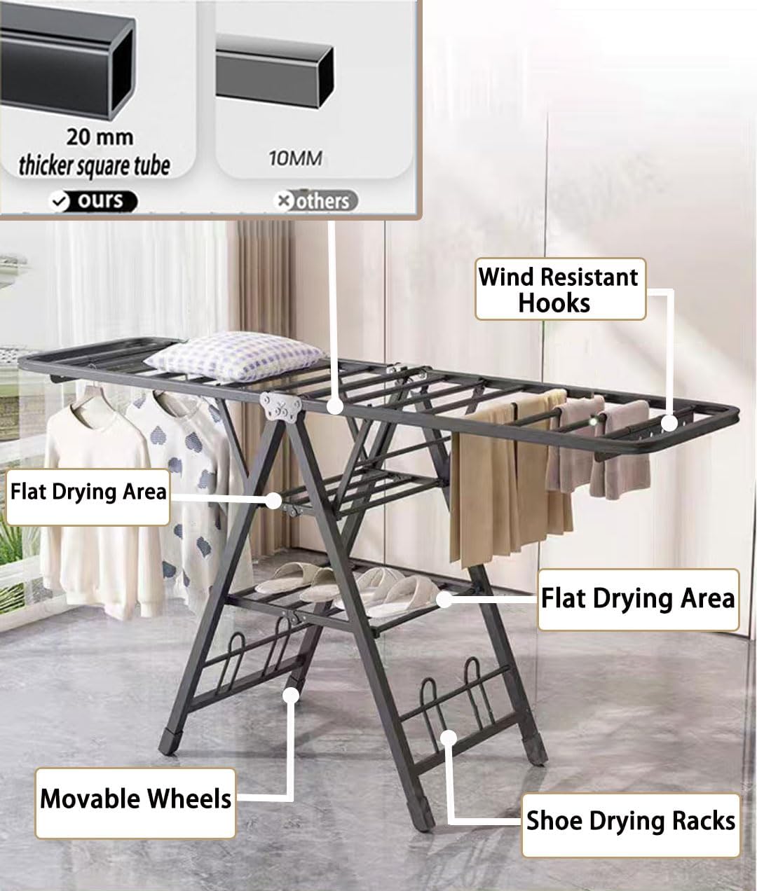 Mimiblack Heavy Duty Clothes Drying Rack Foldable with Wheels, 71'' Extra-Thick Metal Laundry Dryer Stand, 27 Rods Free-Standing for Indoor/Outdoor Windproof Use - Large Size