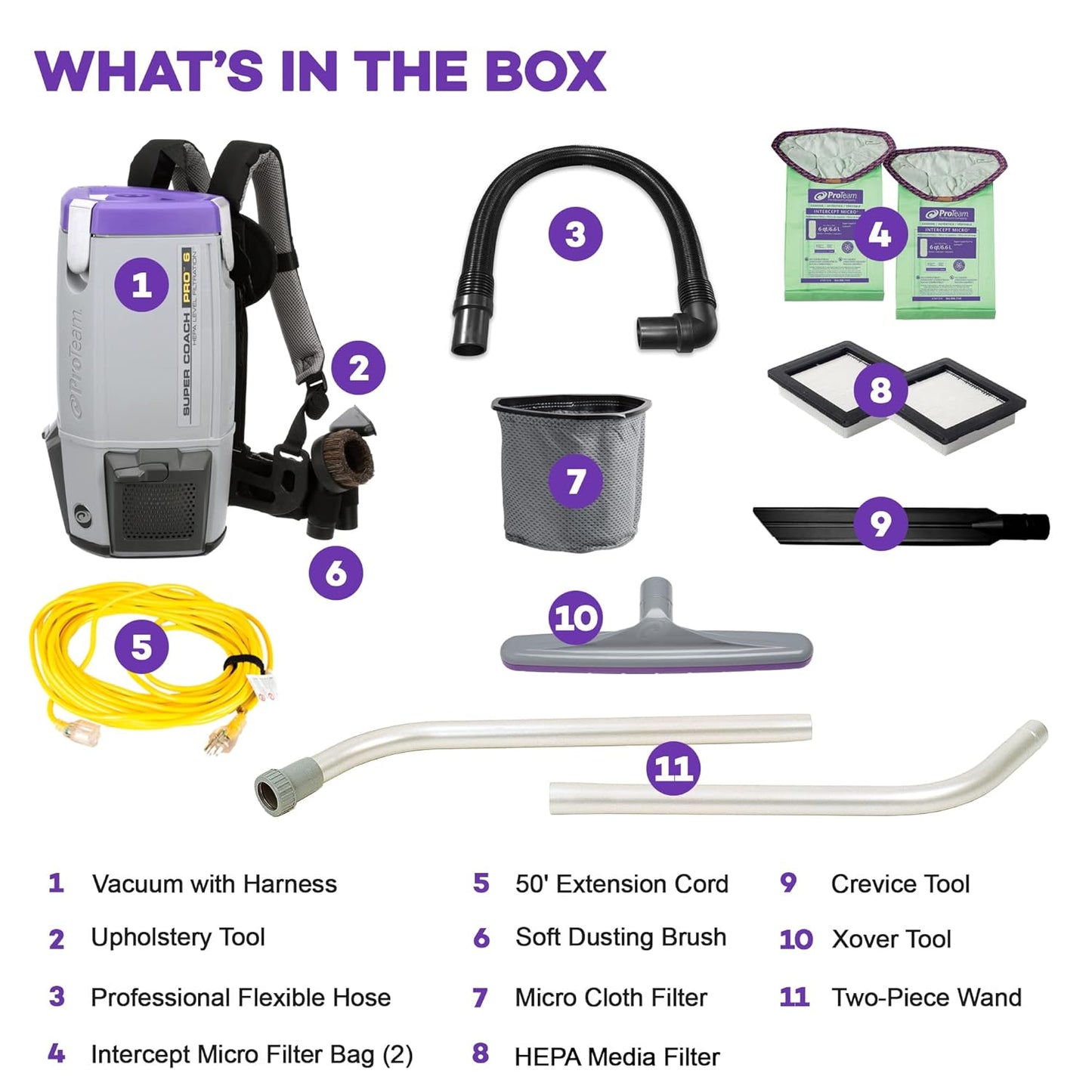 ProTeam Super Coach Pro 6 Backpack Vacuum Commercial with 2 Piece Wand Tool Kit, 6 Quart, Corded, 107308