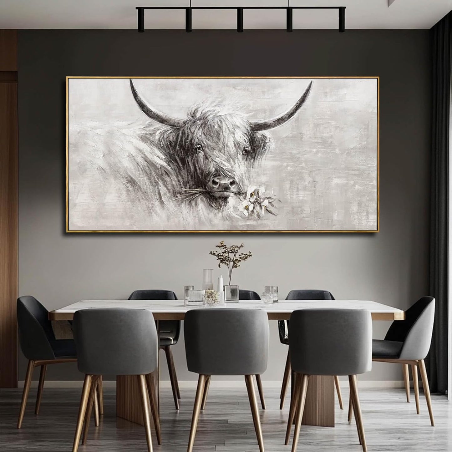 Farmhouse Decor Framed Wall Animal and Flower Artwork Grey Vintage Cow Wall Art with Frame for Living Room Bedroom Dining Room Office 29x58 Inch