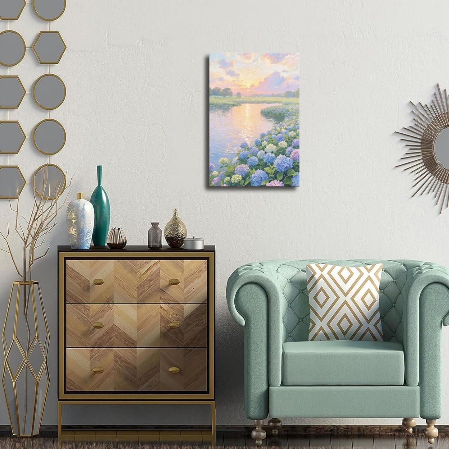 The hydrangea scenery all over the lake at sunset is suitable for posting in the living room bedroom office landscape poster wall painting