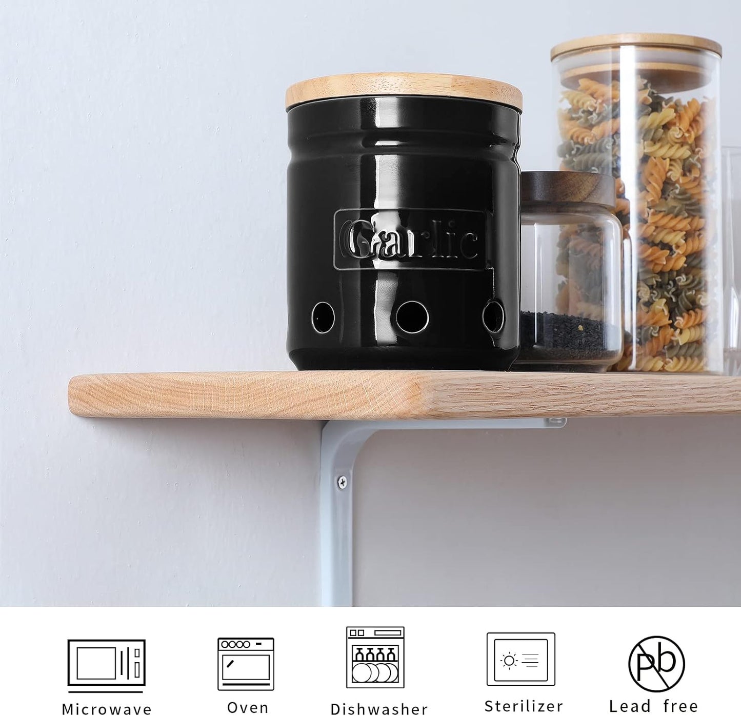 ONTUBE Large Garlic Keeper with Wooden Lid, Ceramic Garlic Holder Storage, Garlic Container for Kitchen, Garlic Saver to Keep Your Garlic Cloves Fresh Longer 4.5-Inch, Black