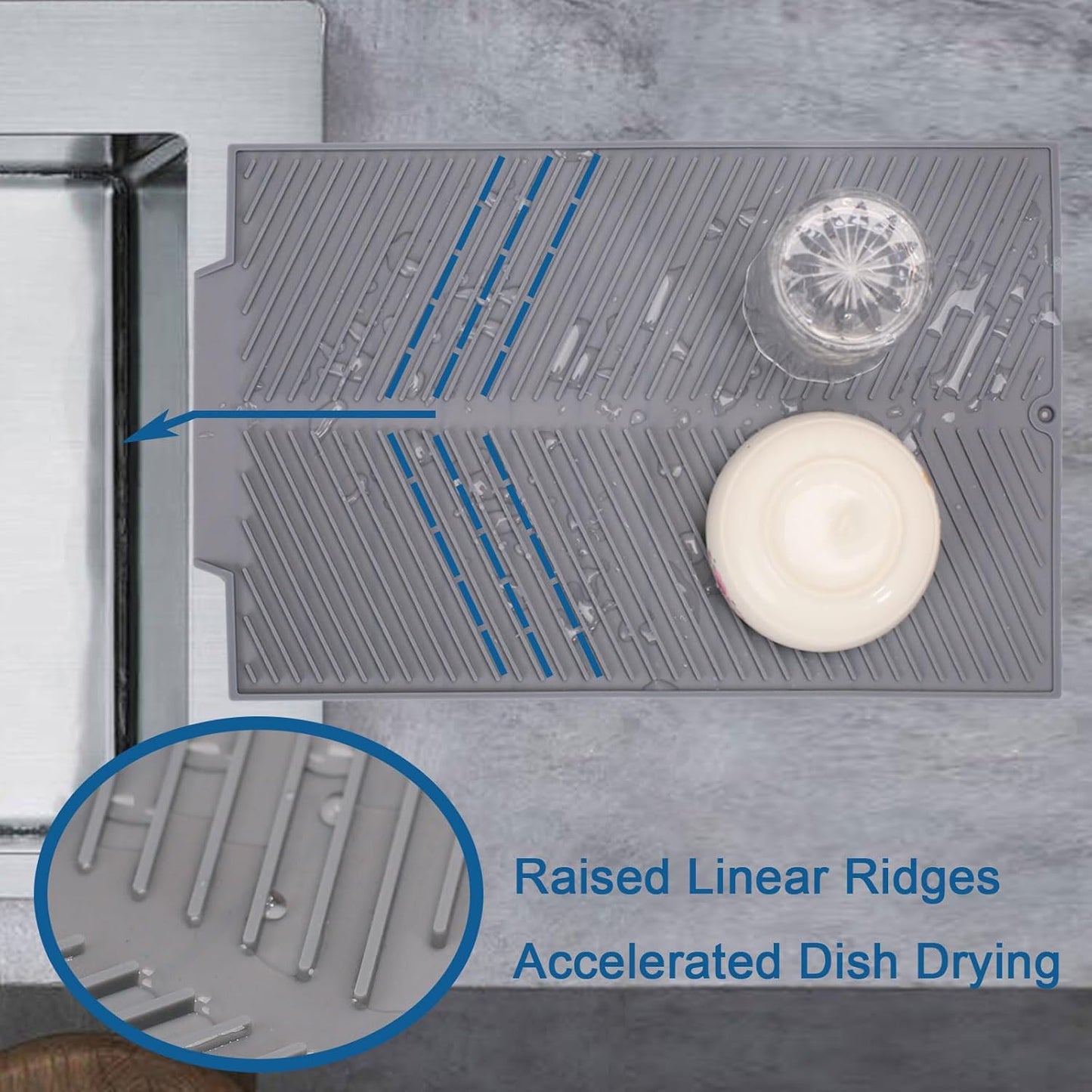 Silicone Dish Drying Mat for Kitchen Counter, 15''x 10'' Drying Mat with Drain Lip, Non-Slip Dish Drainer Mats with Built-in Drain, Heat Resistant Drain Pad on Countertop, Gray