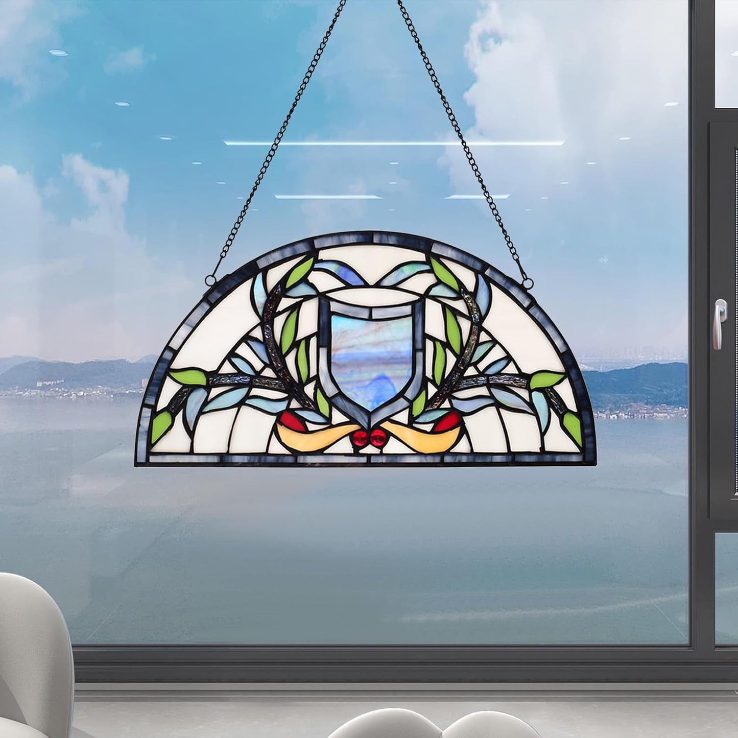 YOURANJU Half Moon Stained Glass Window Hanging Tiffany Style 16" x 8" Half-Round Window Panel Housewarming Gift Living Room Bedroom Kitchen Window Decorative Hangings with Chain (Rattan)