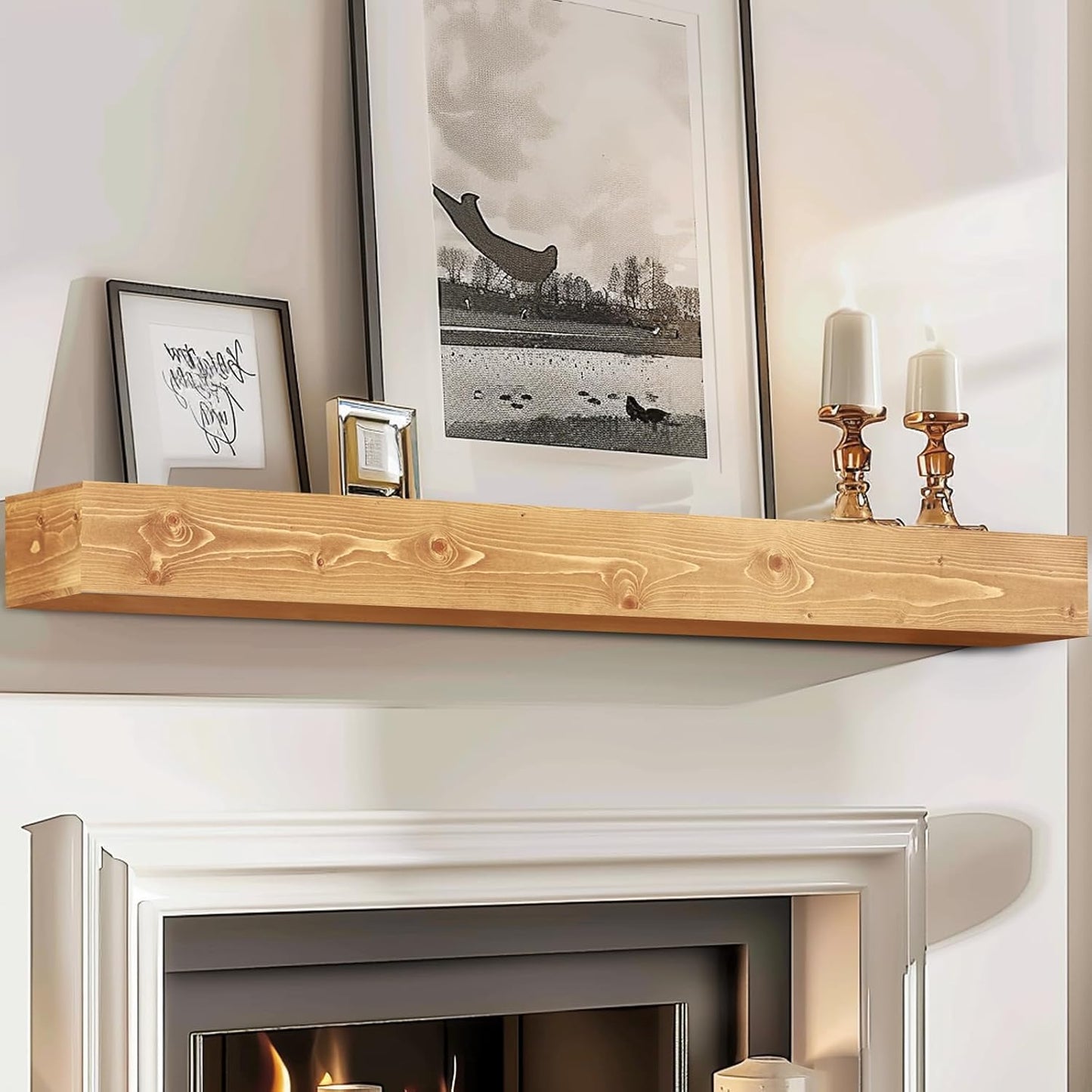 72x8x5 Fireplace Mantel - Handcrafted Rustic Solid Wood Wall Mounted Floating Shelf with Invisible Heavy Duty Wood Bracket (Natural)