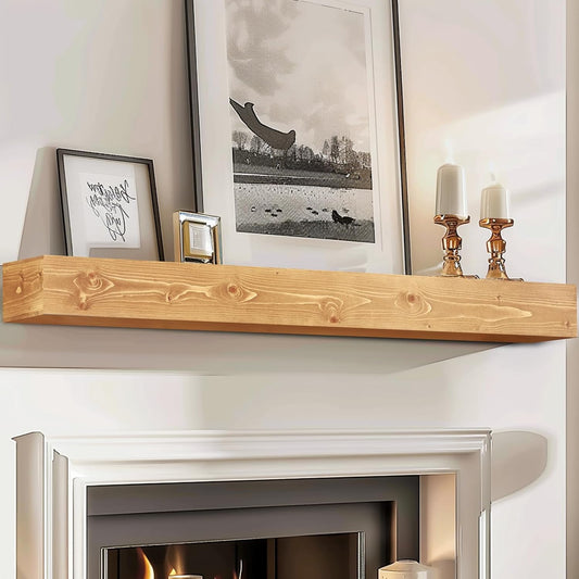 72x8x5 Fireplace Mantel - Handcrafted Rustic Solid Wood Wall Mounted Floating Shelf with Invisible Heavy Duty Wood Bracket (Natural)
