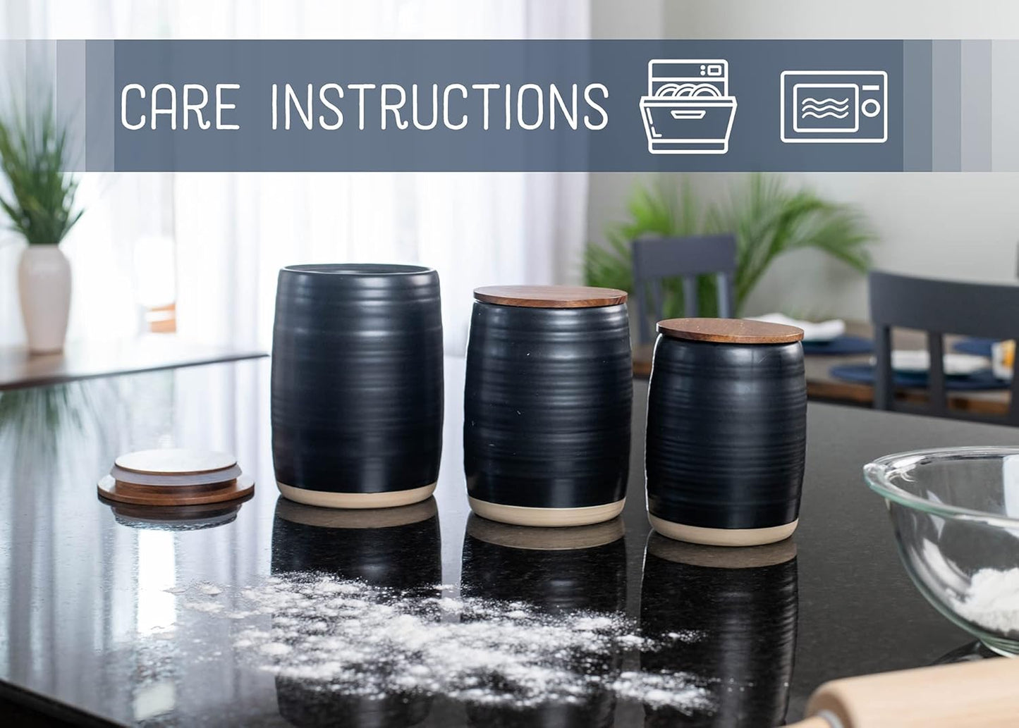 Nat & Jules Lidded Black 6 inch Ceramic and Wood Kitchen Canisters Set of 3