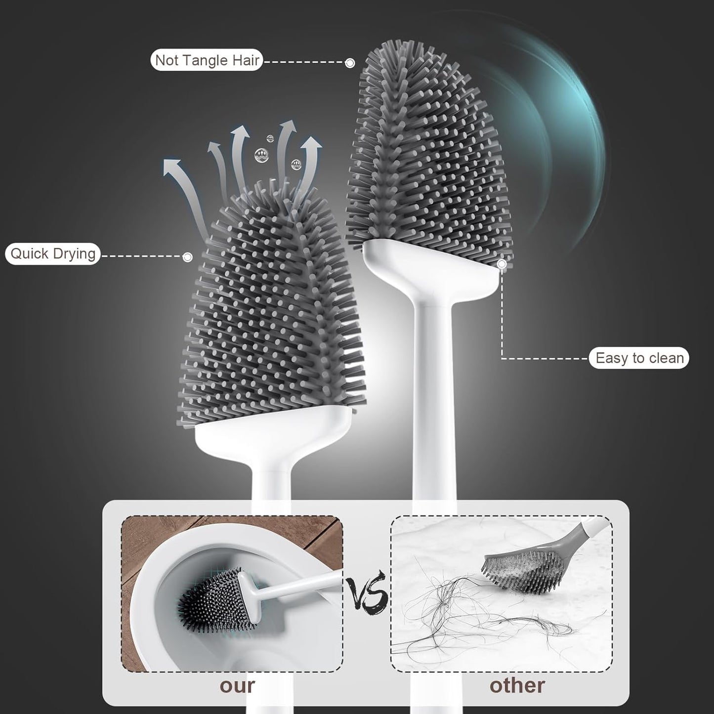 Sellemer Toilet Brush and Holder Set - Flexible Toilet Bowl Brush Head with Silicone Bristles, Compact Size for Storage and Organization, Ventilation Slots Base (1 Pack, White)