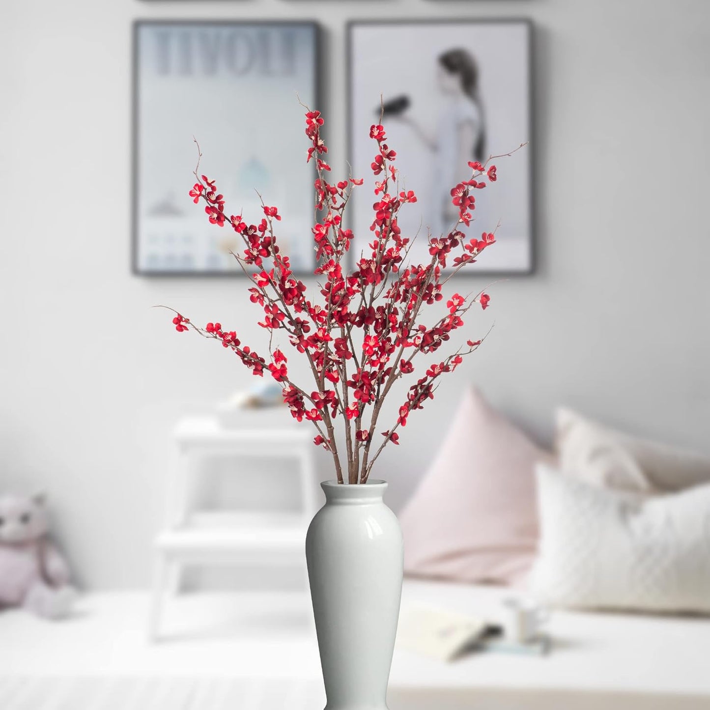 4Pcs Cherry Blossom Branches Artificial Flowers for Spring Summer Indoor Decoration,Faux Long Stem Artificial Flowers for Wedding Home Office Bedroom Party Table Centerpieces Decor(Red)