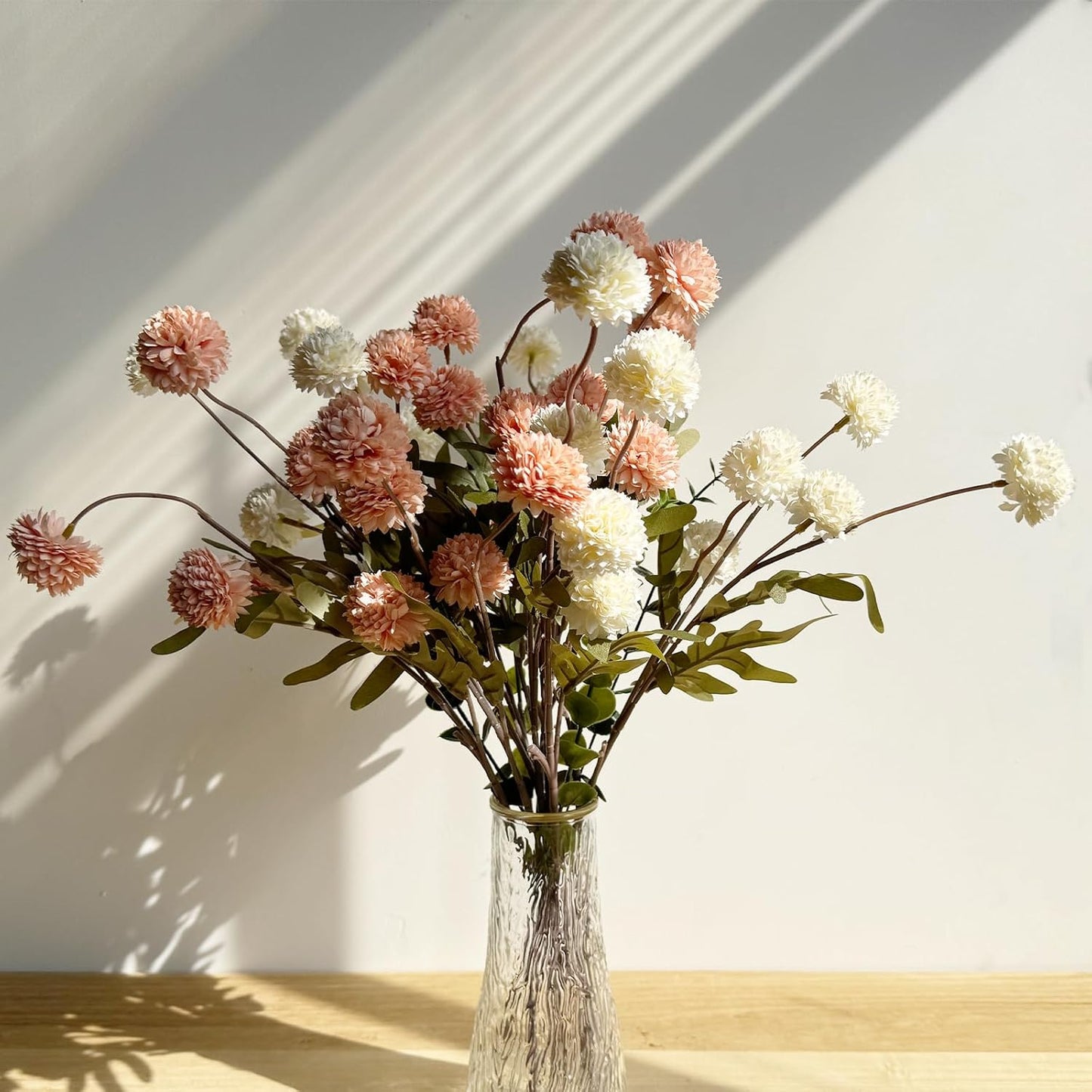 Faux White & Pink Kiku Flower, 10 Stems with 5 Heads Each & 4 Branches Eucalyptus Stems, Artificial Small Mini Chrysanthemum Flowers for Aesthetic Room Decor, Floral Arrangements Centerpiece