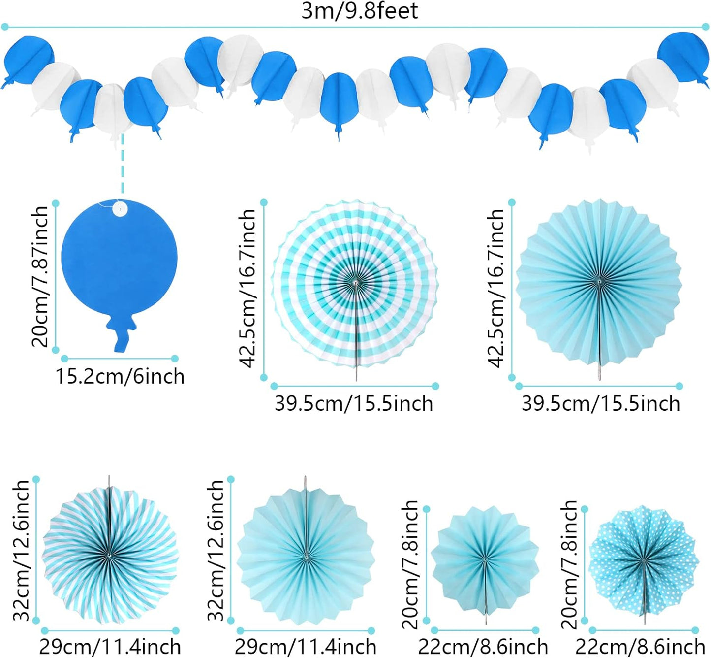 Party Decorations, Blue Papar Fans Pompoms Garlands for Men Boy Fathers Day Graduation Bachelorette Wedding Birthday Baby Showers Birthday Party Decoration