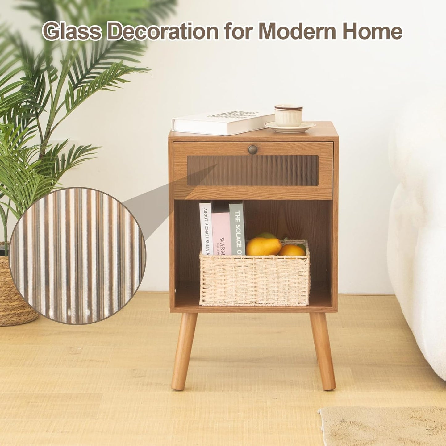 AWASEN Mid Century Nightstand, Bedside Table with Glass Storage Drawer and Large Open Shelf, Modern Night Stand Side End Table with Solid Legs for Bedroom, and Small Space, Brown