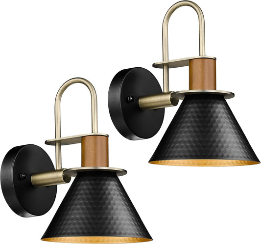 Modern Wall Sconces Set of Two, HWH Industrial Sconce Wall Lighting Indoor Wall Lamp, Gooseneck 1-Light Barn Vanity Light, Hammered Metal Shade, Black and Gold Finish, 5HZG74B-2 BK+BG