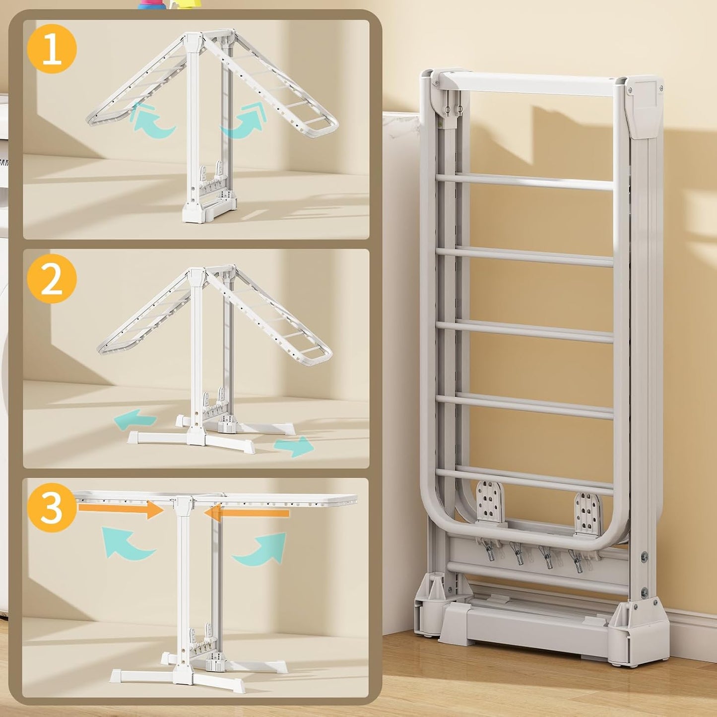 Heavy Duty Clothes Drying Rack Foldable, Aluminum Large Drying Rack Clothing with 2 Height-Adjustable Drying Wings, Laundry Racks for Drying Clothes,Easy to Fold,Indoor Outdoor Use