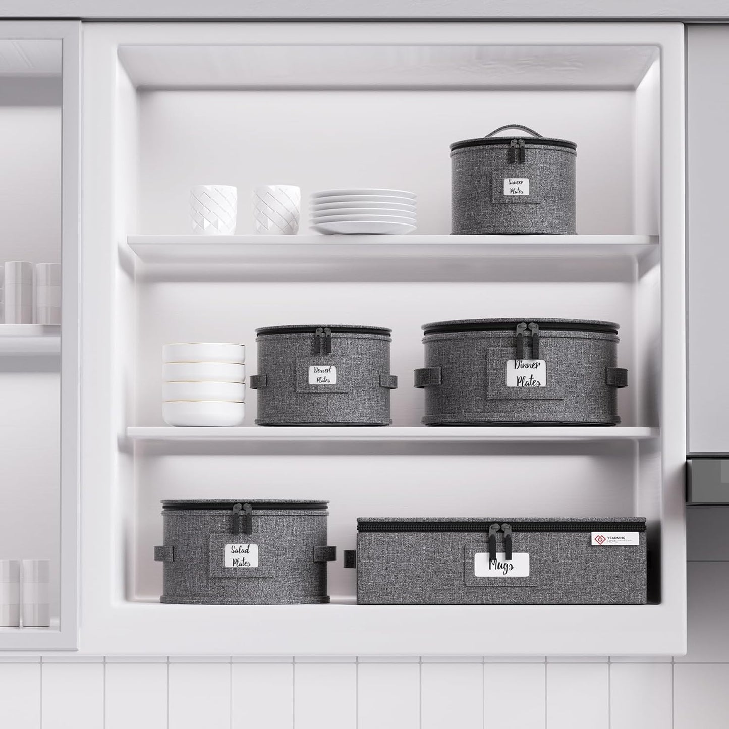 YearningHome China Storage Containers,Hard Shell Box with Felt Dividers for Dishes,Dinnerware,Plates,Mugs,Wine and Glasses,Mugs,Stackable Fine China Storage for Moving and Packing 5 Piece,Grey