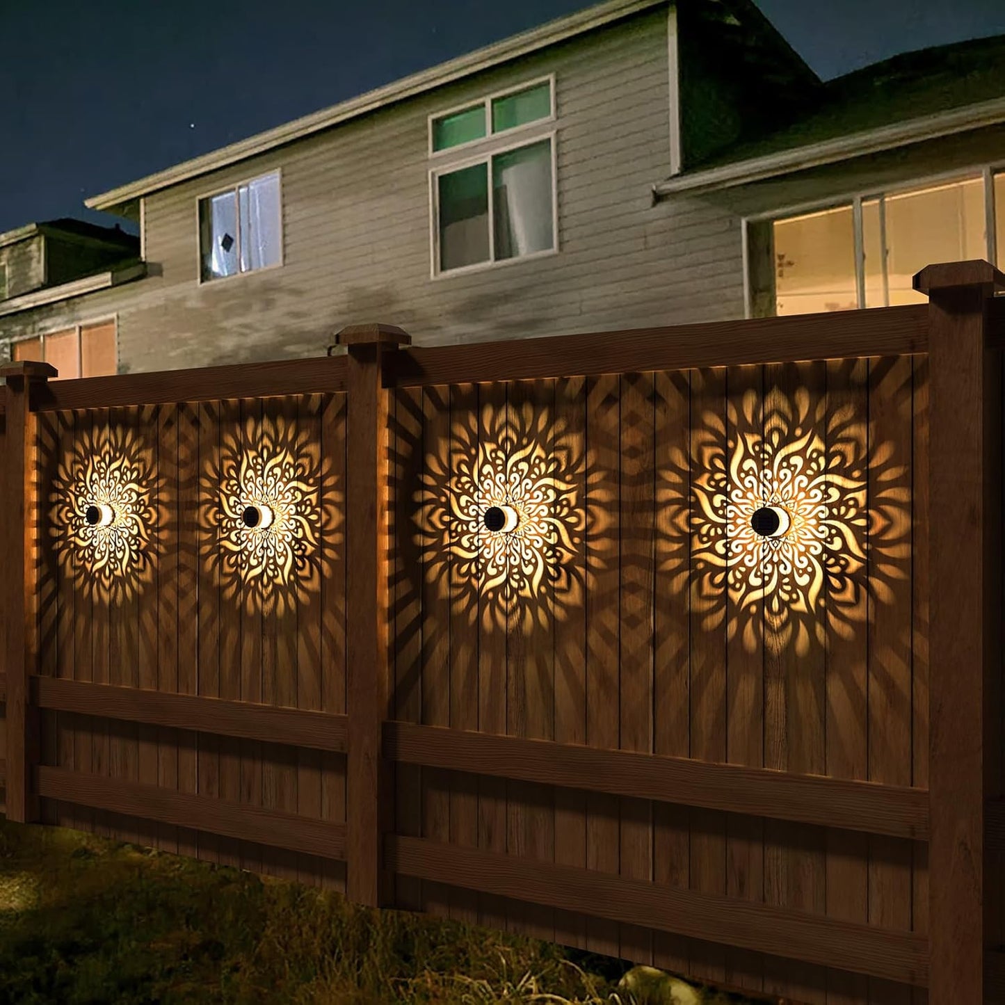 2 Pack Solar Fence Lights Metal Solar Powered Outdoor Deck Step Wall Lights Mandala Theme Waterproof Fence Light for Garden Post Patio Backyard Yard Decor (2 Pack)