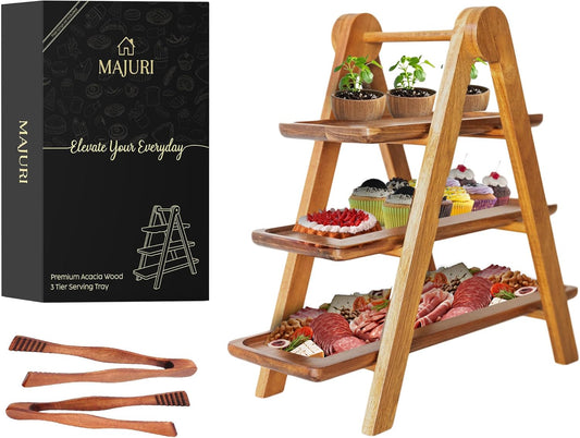 MAJURI 3 Tier Wooden Serving Tray, Set of 2 Tongs Free, Tiered Serving Trays & Platters for Party, Wedding, Picnic, Your Perfect Elevated Charcuterie Stand and for 3 Tiered Dessert Stand Lovers