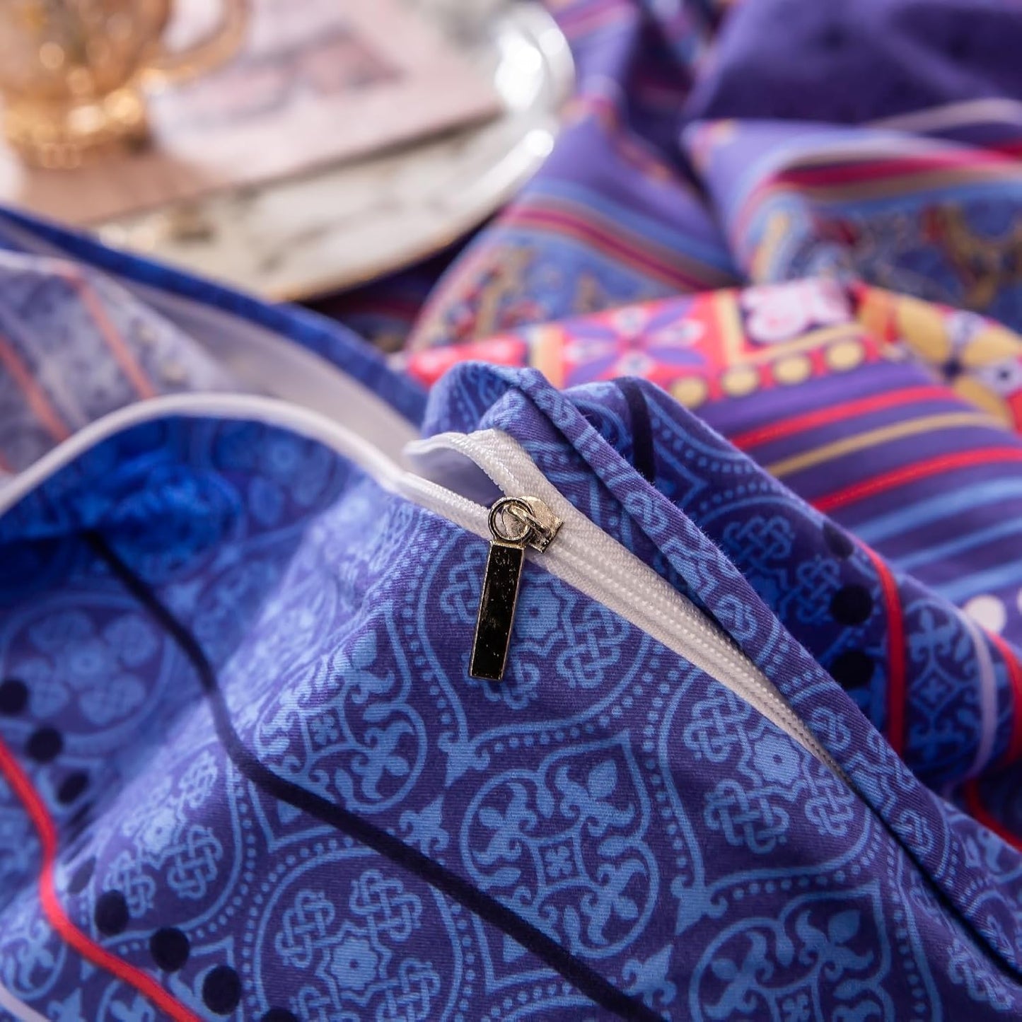 ABREEZE Bohemian Vintage Full Size Floral Cotton Bedding Set 3Pcs Duvet Cover Set Boho Purple Paisley 100% Egyptian Brushed Cotton Reversible Home Bedding Collection