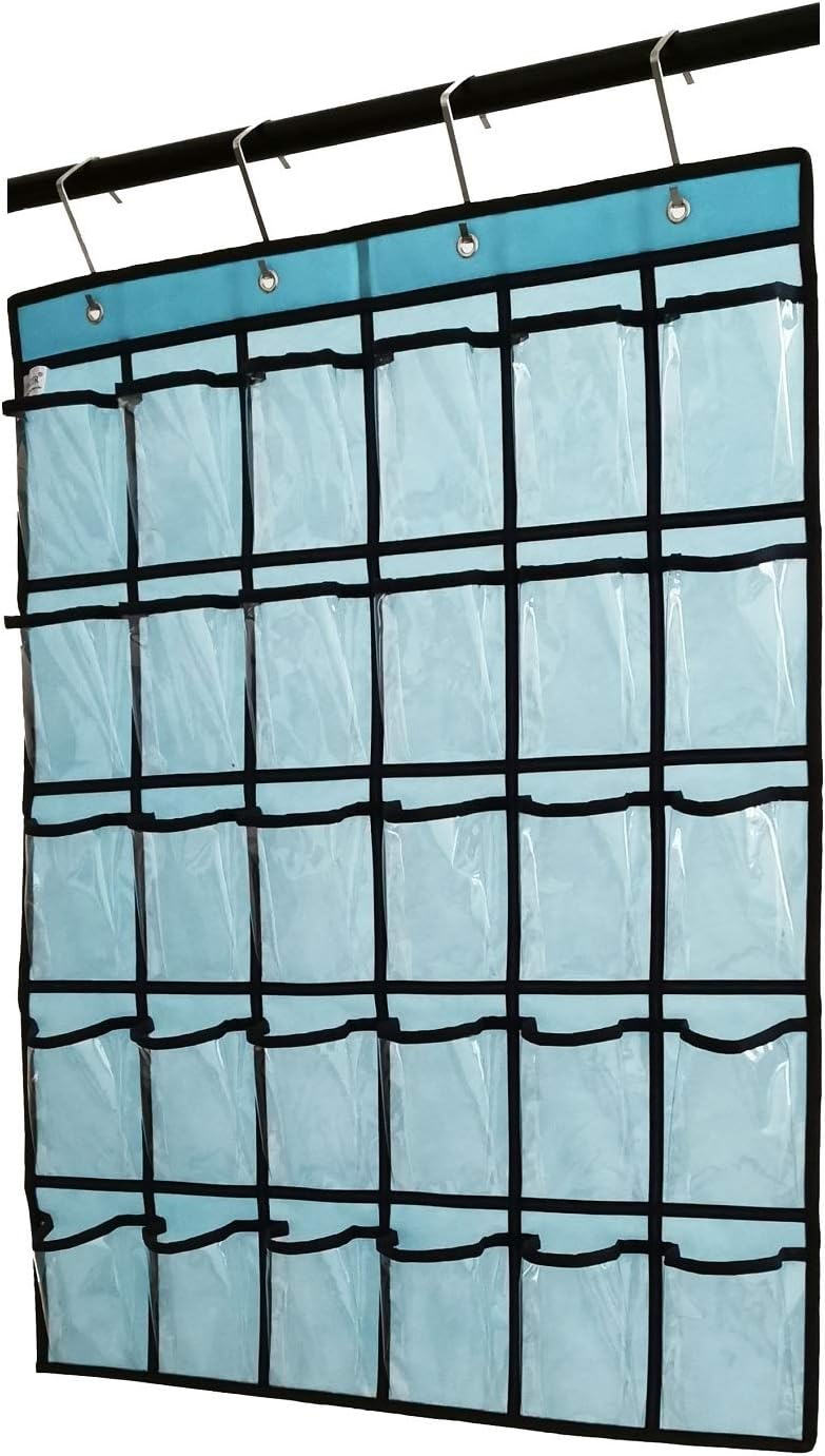 Classroom Pocket Chart for Phone Calculator Holder Over The Door Hanging Closet Jewelry Organizer with 30 Clear Pockets (Blue)