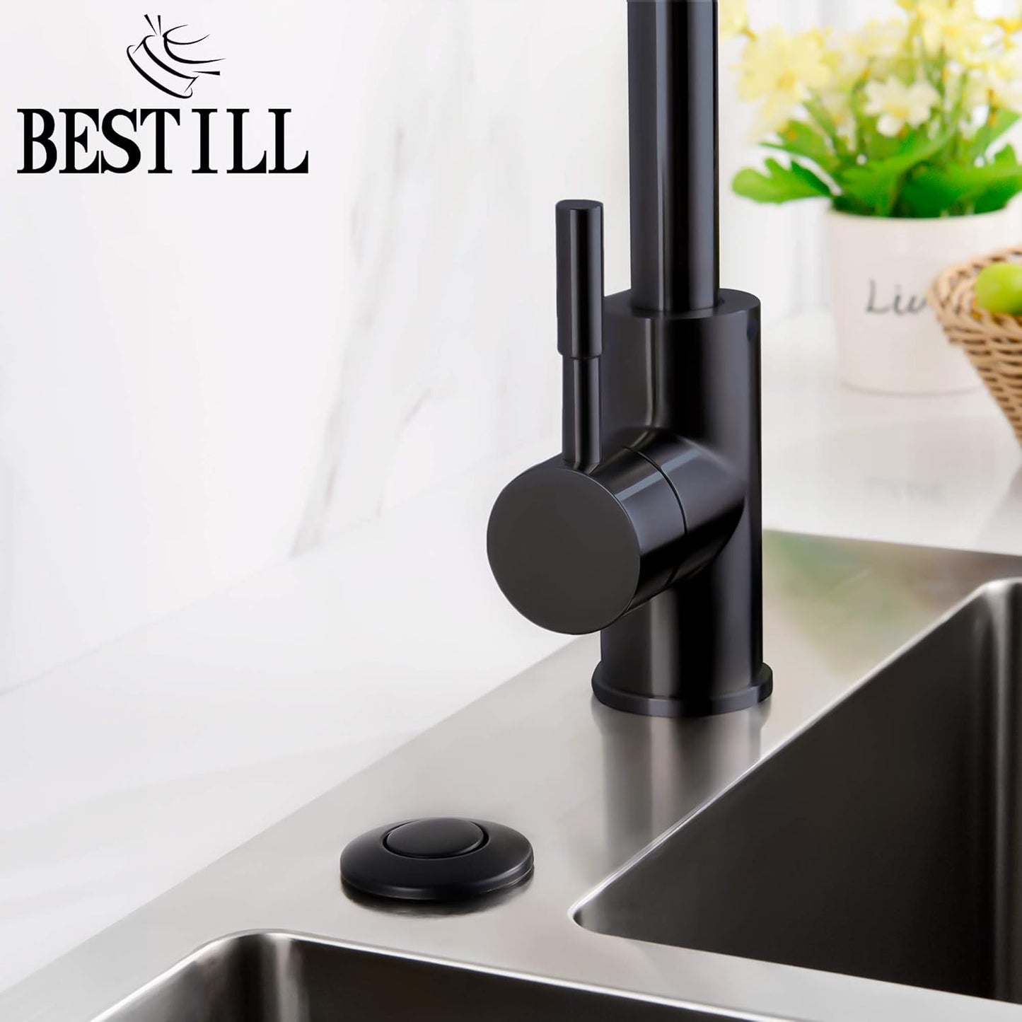 BESTILL Garbage Disposal Sink Top Air Switch Kit with Single Outlet, Matte Black 3.6" Long Push Button with Brass Cover, UL Listed, Compatible with all Garbage Disposals
