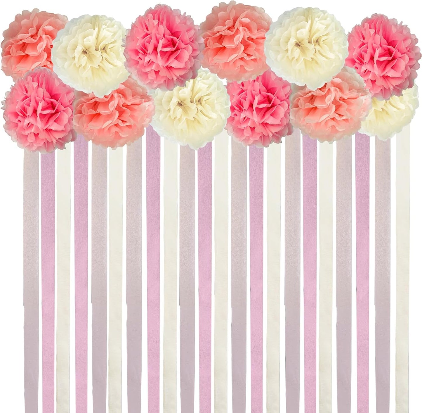 Pink Party Streamers Bridal Shower Decorations - Blush Pink Cream Colorful Paper Pom Poms Wall Decor for Baby Showers, Weddings, Graduations, Tea Parties, Engagement