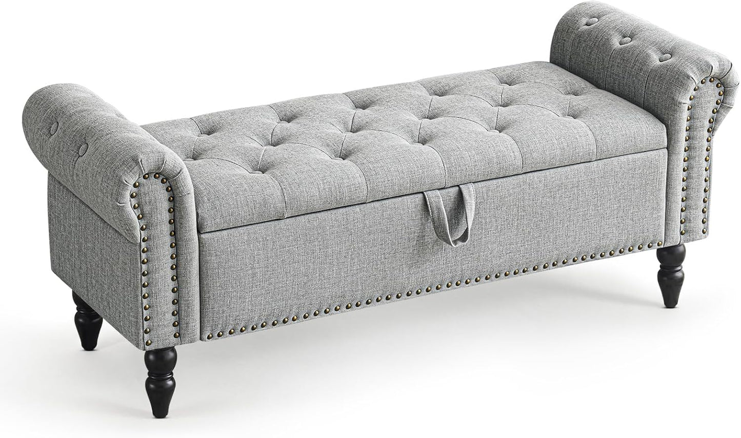 Furniliving 51” Bedroom Bench, End of Bed Bench with Button-Tufted Large Upholstered Storage Bench Ottoman Linen Window Benches with Storage Shoe Cabinet, for Bedroom, Entryway, Closet, Grey