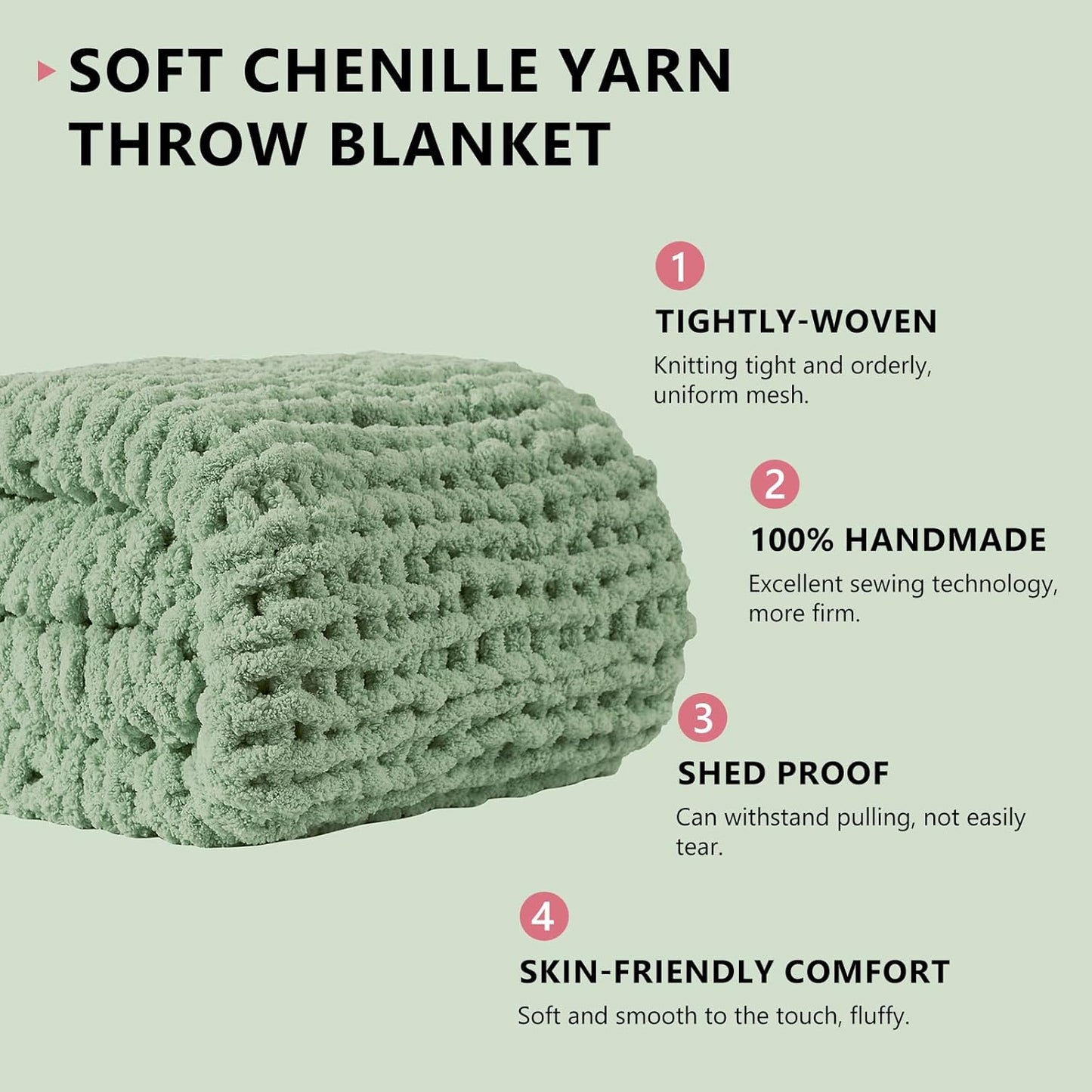 L'AGRATY Chunky Knit Blanket Throw - Soft Chunky Throw Blanket 50x60: 100% Hand Kintted Chenile Crochet Throw Blanket for Couch - Large Cable Knit Chunky Blanket for Home Decor(Sage Green)