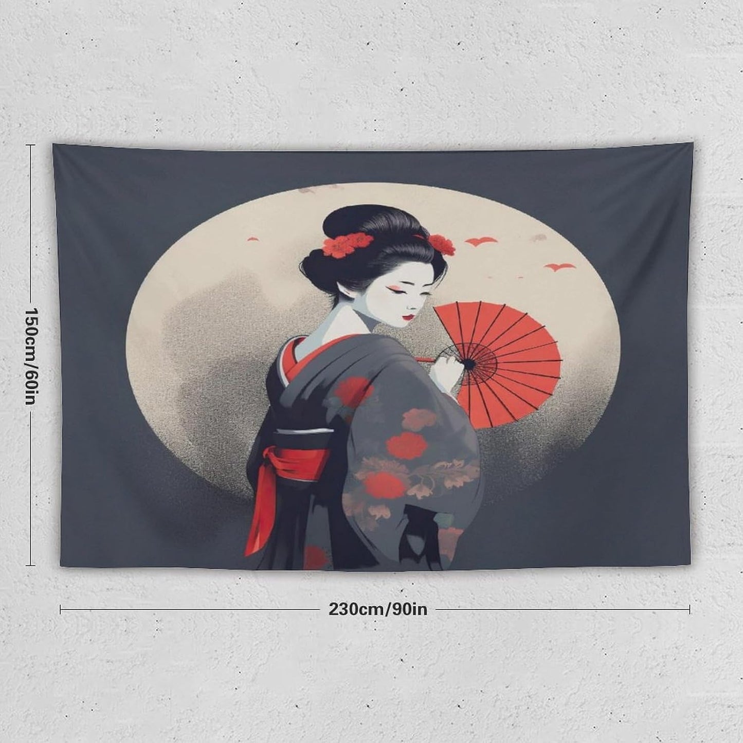 Japanese Woman Geisha Tapestry Asian Red Cherry Blossom Red Sun Traditional Kimono Folk Tapestries Home Decor for Living Room Bedroom Apartment Farmhouse Dorm 90"x60"