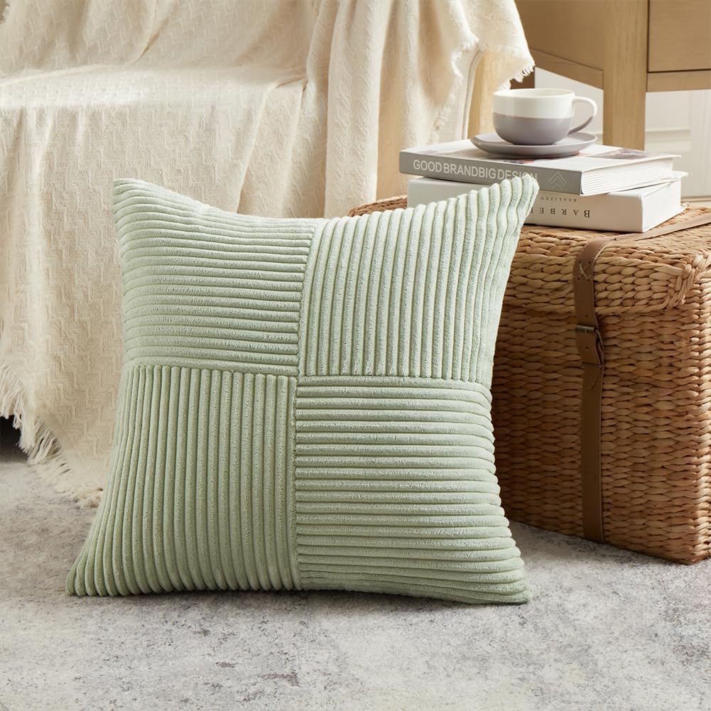 Fancy Homi 2 Packs Sage Green Samll Decorative Throw Pillow Covers 14x14 Inch with for Couch Bed Sofa, Rustic Farmhouse Boho Home Decor, Soft Corss Patchwork Corduroy Square Cushion Case 35x35 cm