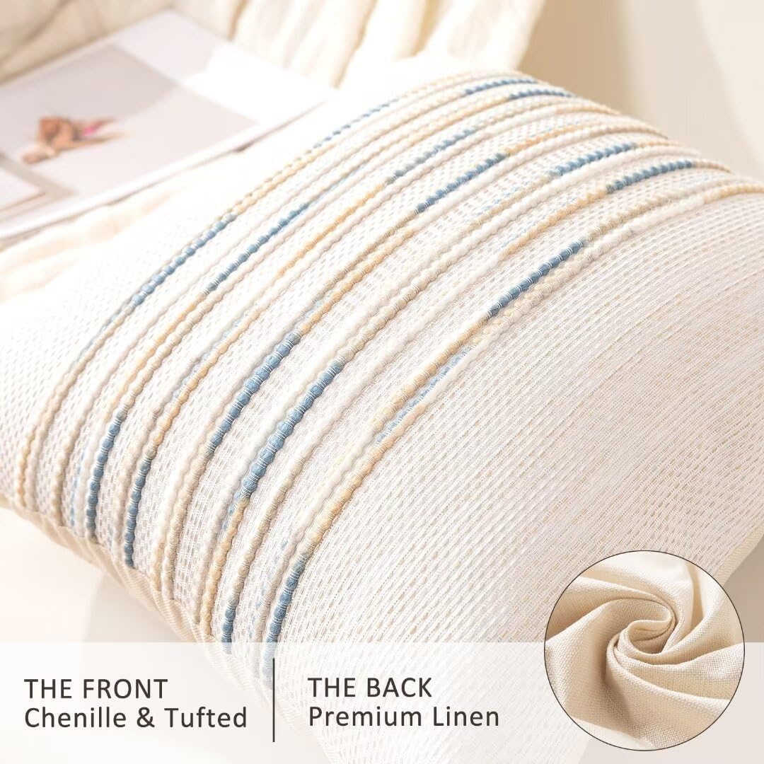 Boho Throw Pillow Covers 18x18 Set of 2 Farmhouse Decorative Cushion Case Striped Square Pillows Cover Chenille Pillow Cases Accent Neutral Pillowcase for Sofa Couch Bed,Yellow-Blue