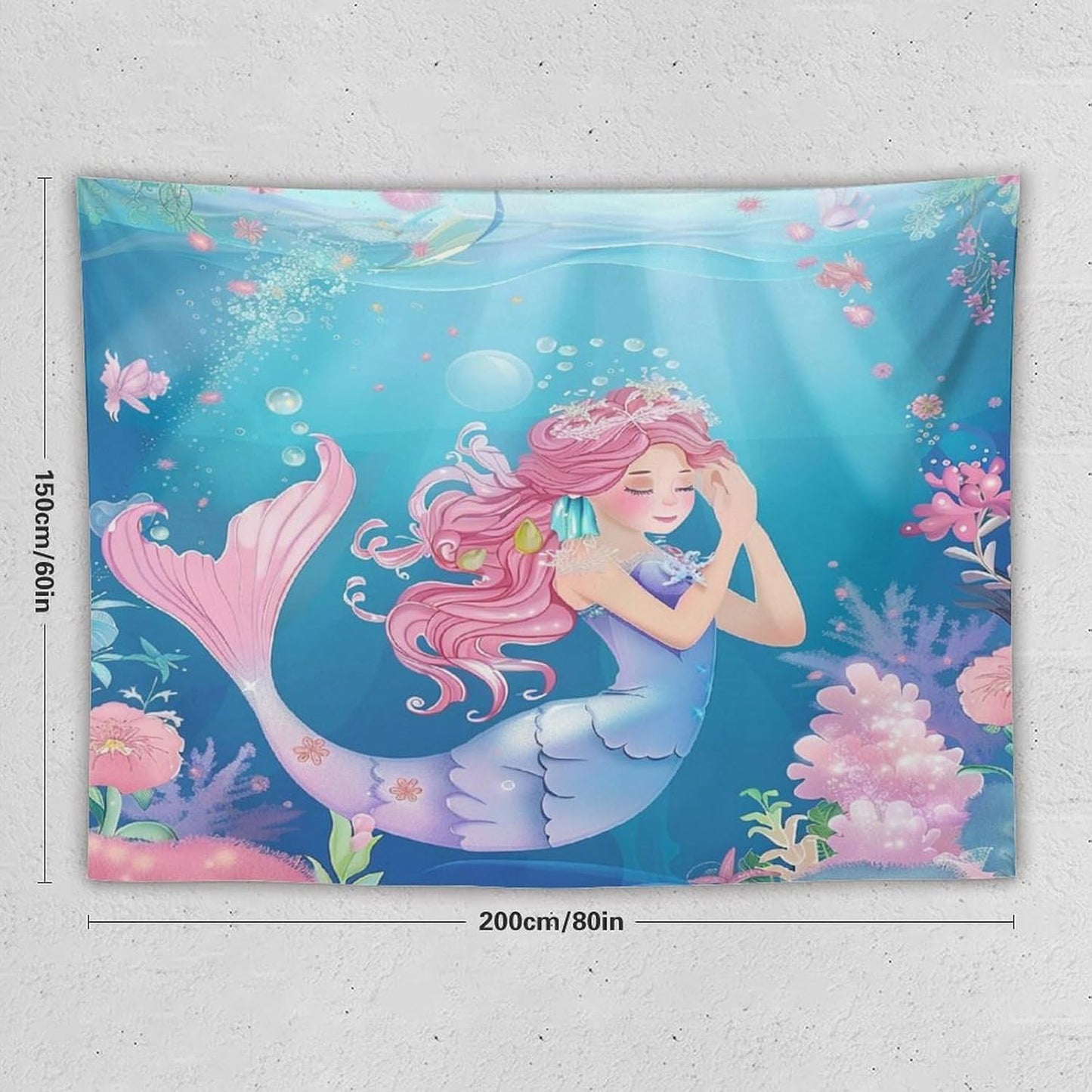 HZOHNAGO Mermaid Girls Tapestry Watercolor Flowers Mermaid Princess Blessing Pattern for Kids Room Decoration Printed Wall Tapestry Wall Hanging for Bedroom Living Room Dorm 80" W x 60" H