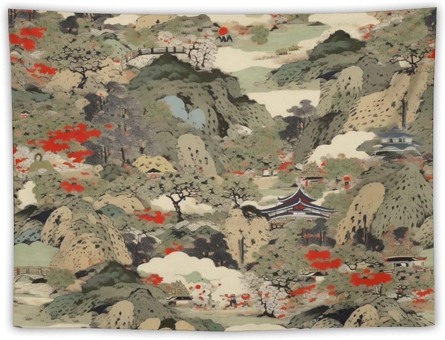 Asian Tapestry,Japanese Red Landscape Asian Watercolor Abstract Art Tapestry, Asian Japanese Wall Tapestry, Nature Landscape Tapestries for Bedroom Living Room Decor 60"x50"