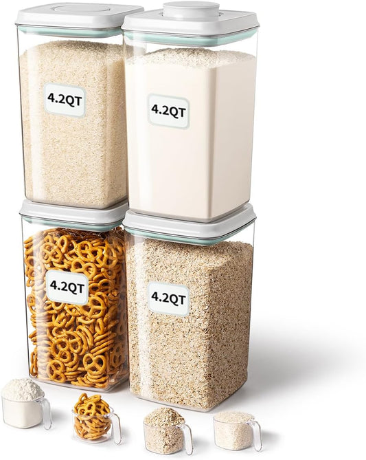 Ankou Airtight Food Storage Container with Pop Lid & 130ml Scoop, 4L/4.2qt *4 BPA-Free Cereal, Rice, Flour, Pasta & Snack Container, Stackable & Durable,Kitchen Pantry Organizer