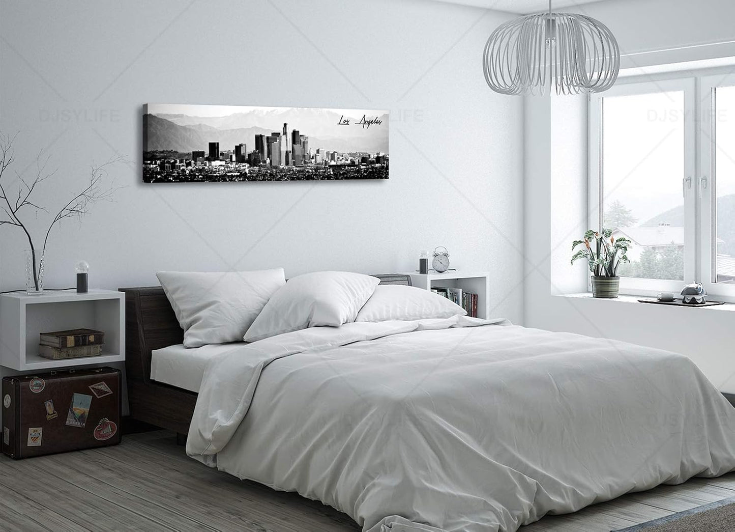 DJSYLIFE Los Angeles Skyline Wall Art Black and White USA Panoramic Cityscape Picture Canvas Prints Artwork for Bedroom Men Room Office Decoration Painting Ready to Hang 13.8"x47.3"