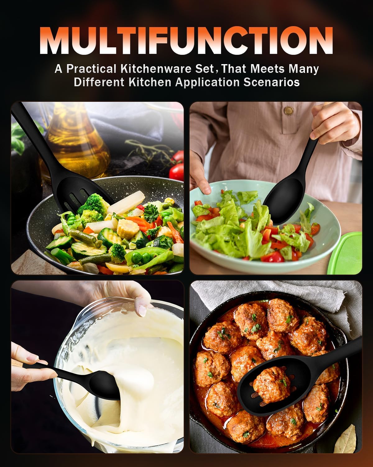 Silicone Cooking Spoons, Great for Scooping Sides and Serving Hearty Stews, BPA-Free Matte Silicone, Wooden Handle Serving Spoon for Nonstick Cooking Surfaces (Black)