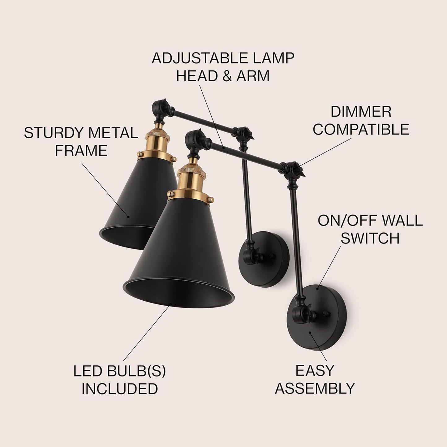 JONATHAN Y JYL7462A-SET2 Rover 7" Farmhouse Industrial Adjustable Arm Metal LED Wall Sconce Rustic Bohemian 2700K 4W Bulb for Entryway Lobby Kitchen Bathroom Bedroom Hallway, Black (Set of 2)