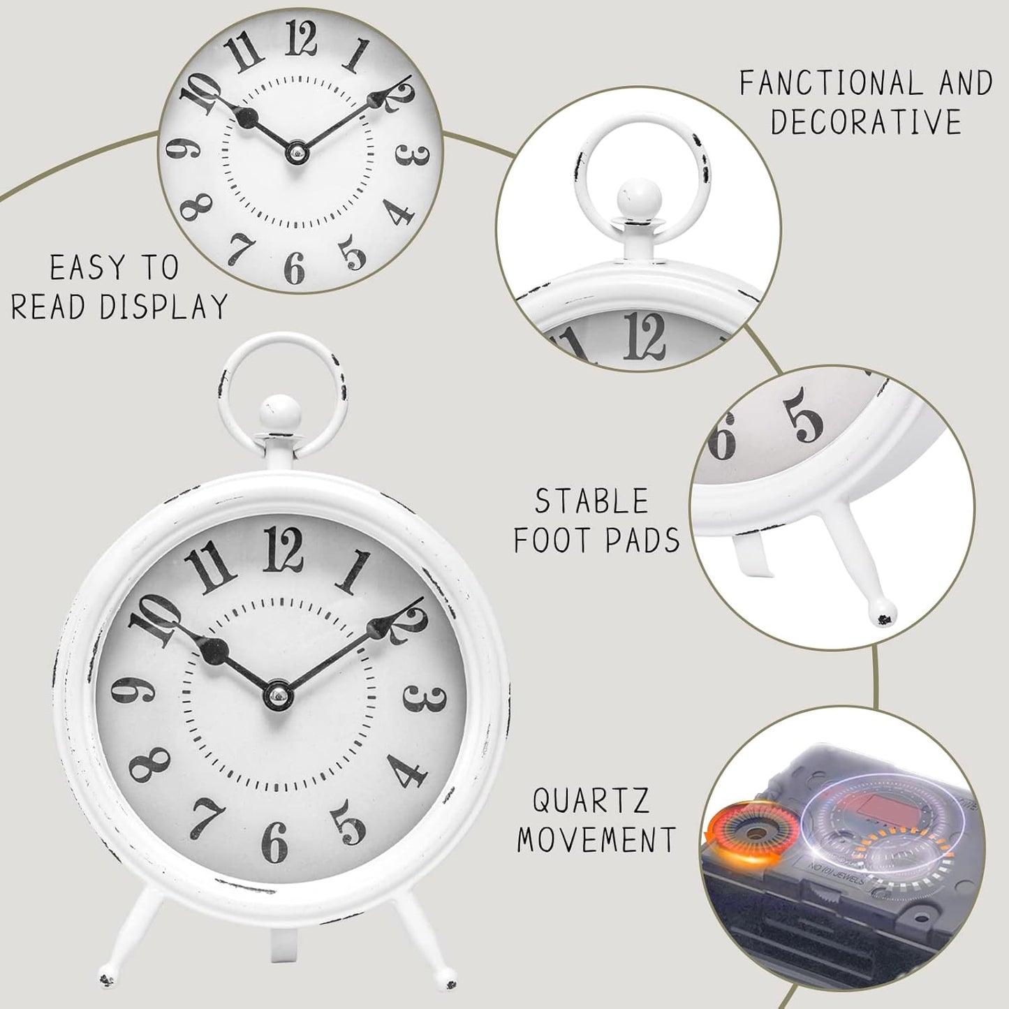 Vintage Rustic White Table Clock on Stand, Decorative Desk & Shelf Clock, Rustic Mantel Farmhouse Non-Ticking