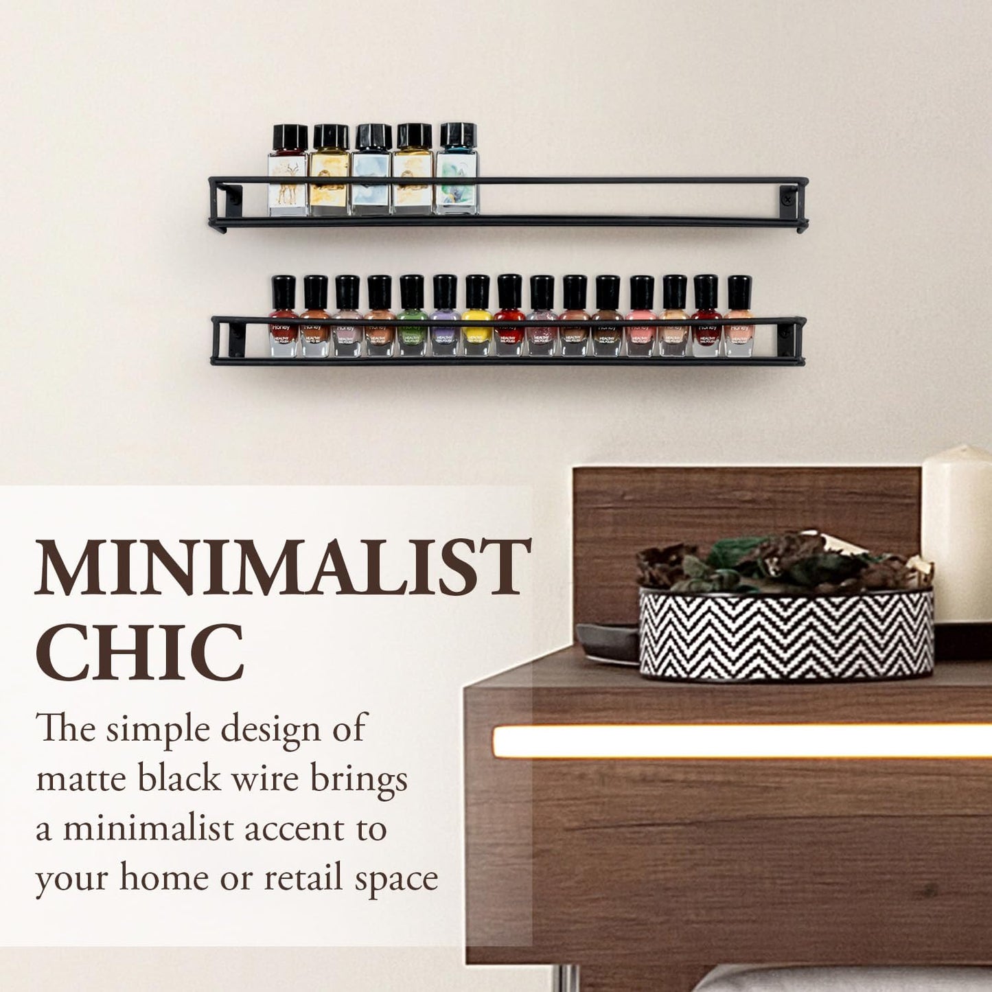 MyGift 16 Inch Wall Mounted Black Metal Nail Polish and Essential Oil Display Shelves, Kitchen Hanging Racks for Seasoning Shakers or Spice Jars, Set of 5