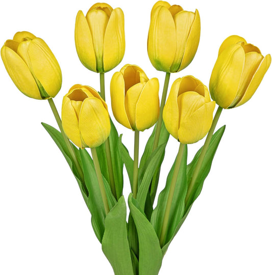 Artificial Tulips Flowers – 24" Long Stem Faux Tulips, 7PCS Real Touch Fake Yellow Tulip for Vase, Farmhouse, Kitchen, Spring & Wedding Home Decor