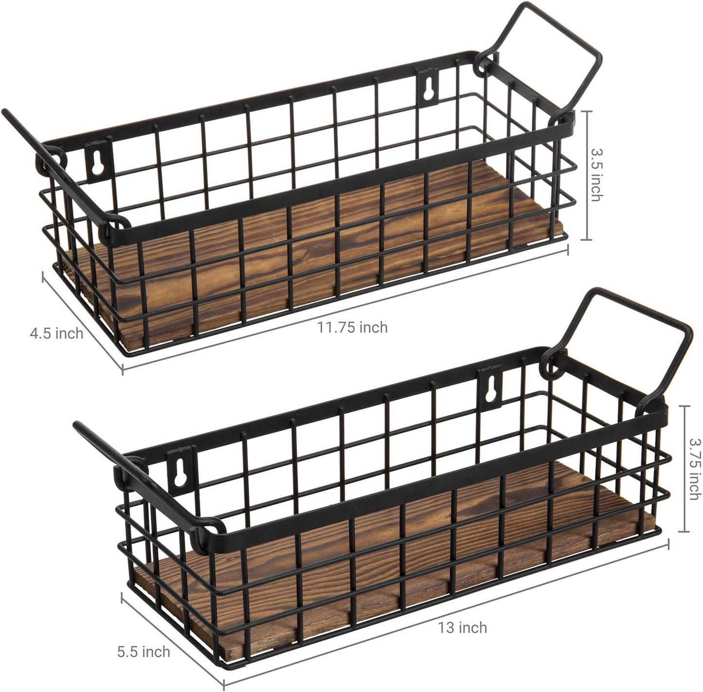 MyGift Set of 2 Wire Baskets for Pantry, Wall Mounted or Tabletop Black Metal Baskets for Organizing with Burnt Wood Base and Handles