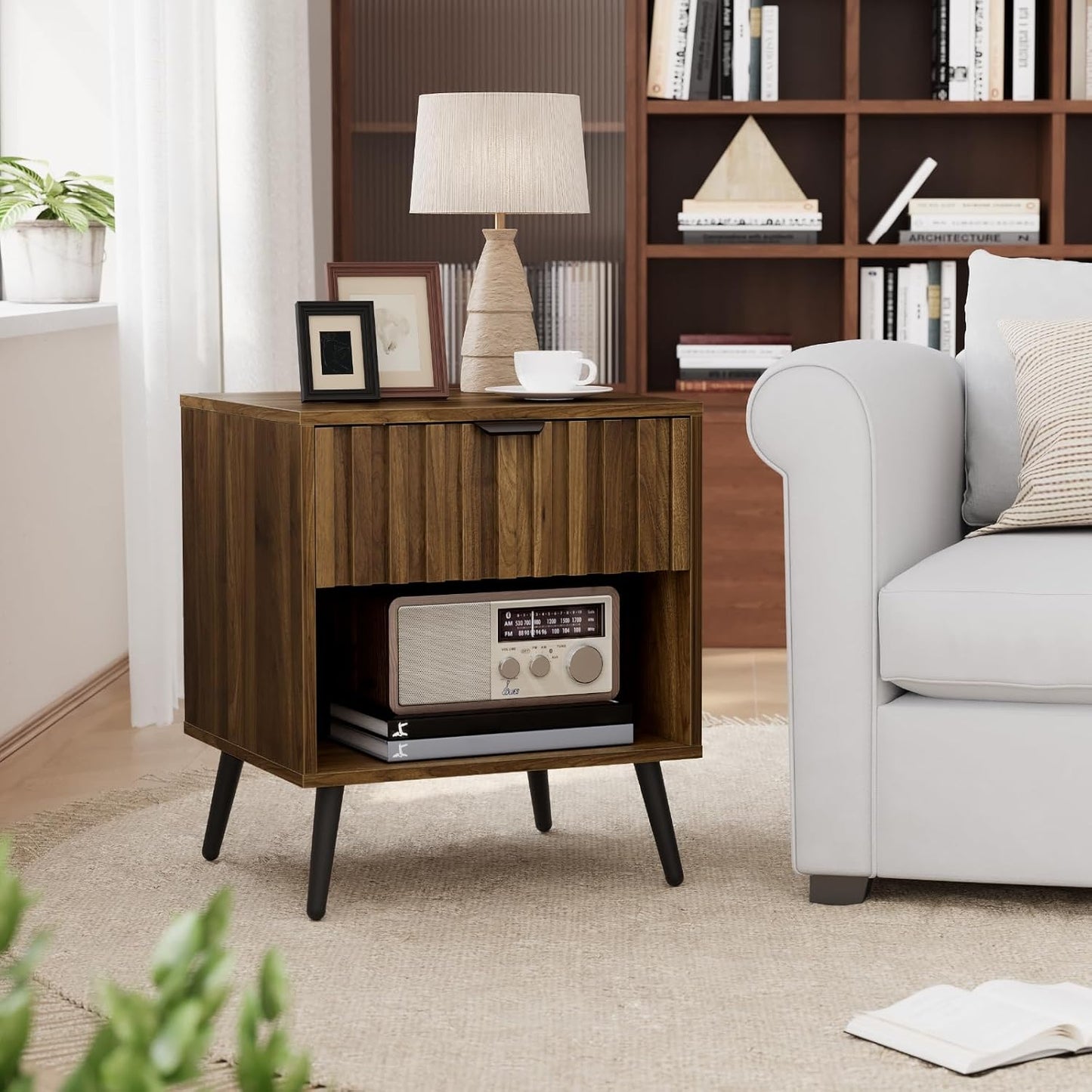 Smuxee Walnut Wooden Night Stand, Mid Century Nightstand with Fluted Drawer, Bedside Table with Open Shelf, Modern End Side Table for Bedroom