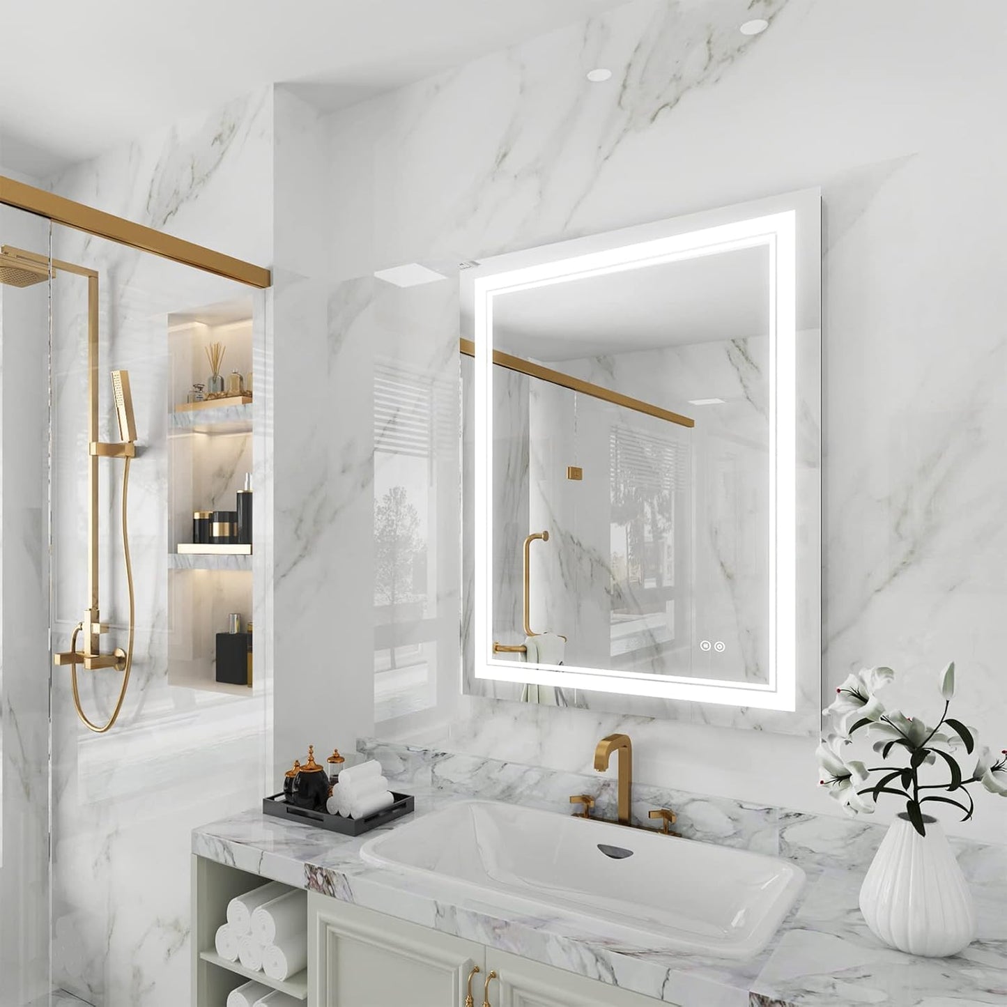 WELLFOR LED Bathroom Vanity Mirror 28 x 36 Inch, Lighted Anti-Fog Dimmable Mirror, IP44 Waterproof Wall Mounted Makeup Mirror, Packed with US Standard Plug and Touch Switch, (Horizontal/Vertical)