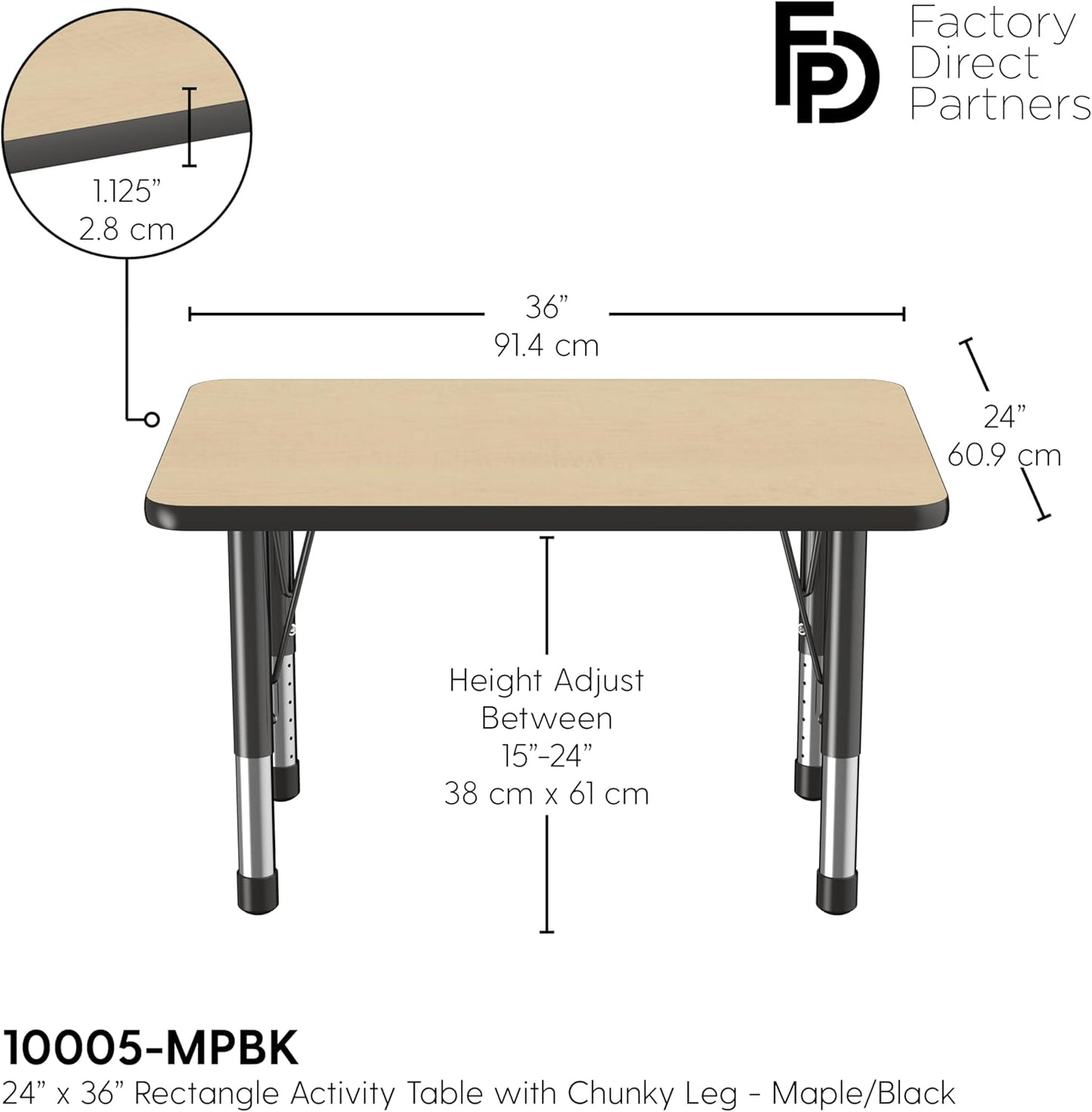 FDP Rectangle Activity School and Classroom Kids Table (24 x 36 inch), Chunky Toddler Leg, Adjustable Height 15-24 inches - Maple Top and Black Edge