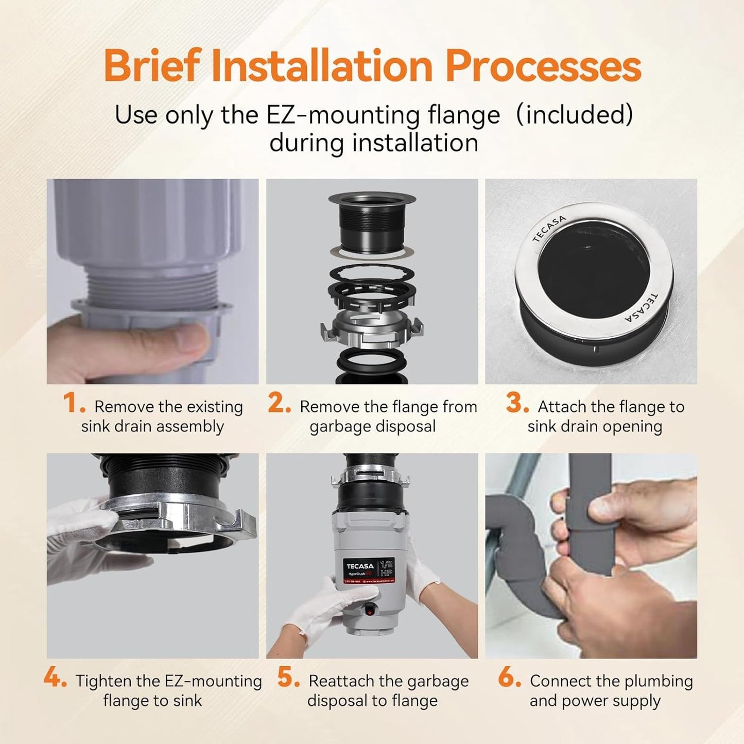 Garbage Disposal, TECASA 1/2 HP Pro Food Waste Coutinuous Feed, Garbage Disposals with Stopper Power Cord, Stainless Steel Grinding System for Kitchen Sink - HyperCrush 50 PRO