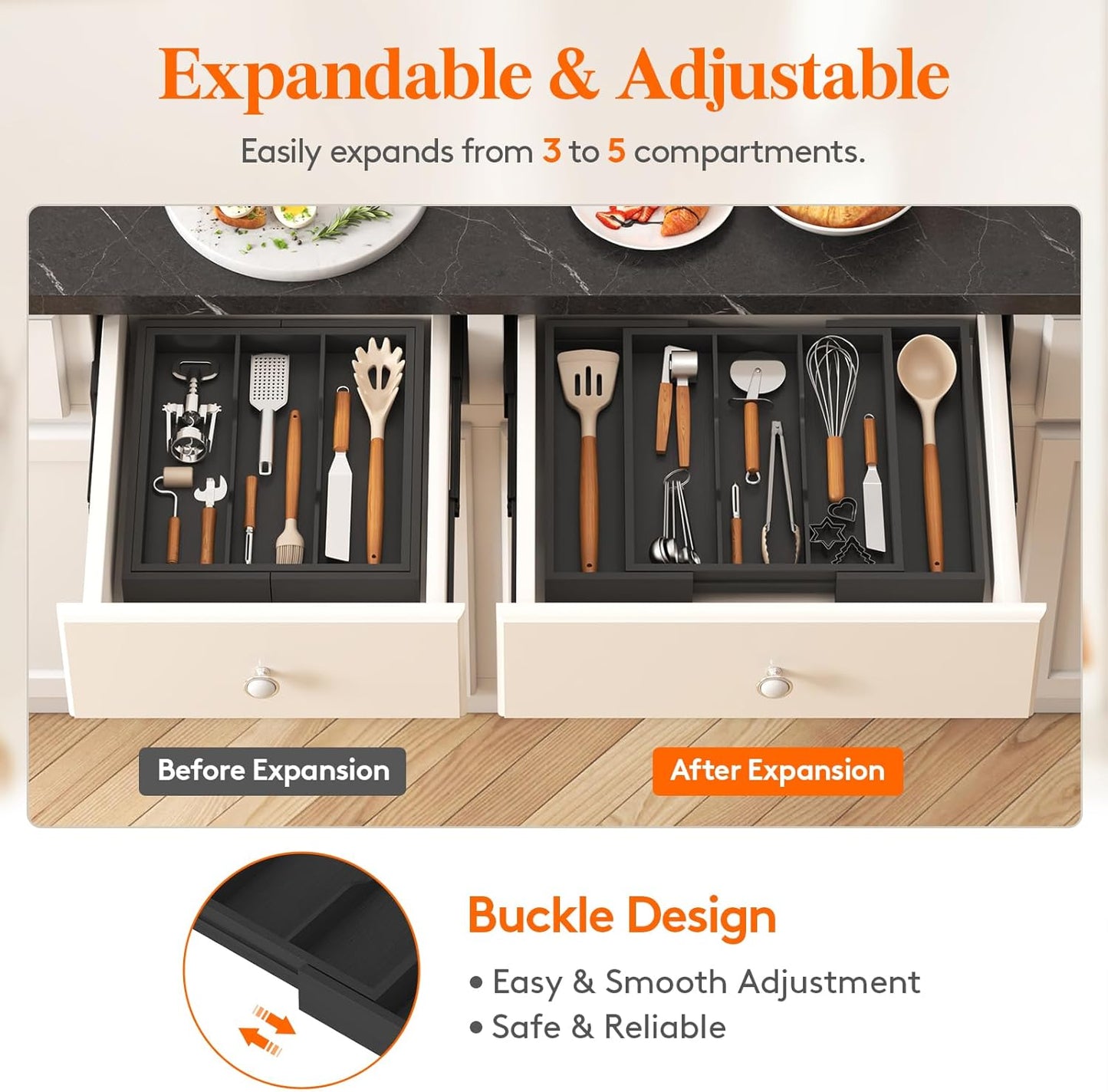 Lifewit Utensil Organizer for Kitchen Drawer, Expandable Cooking Utensil Tray, Bamboo Cutlery Silverware Flatware Holder, Adjustable Spatula Tools and Gadgets Storage Divider, Large, Black